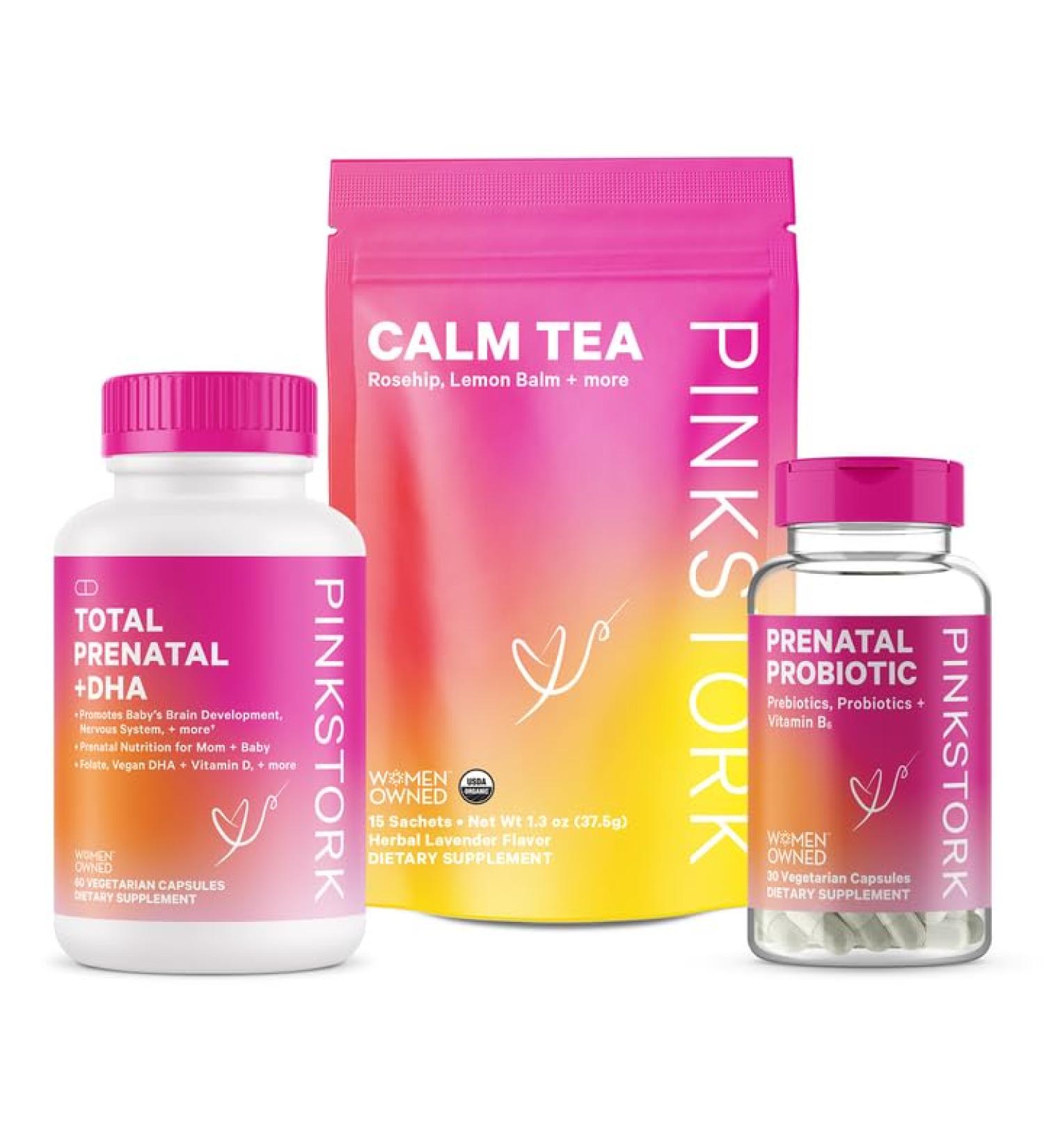 Pink Stork Pregnancy Bundle: Prenatal Vitamin with DHA & Folate, Probiotics, Sleep Tea - Pregnancy Must-Haves for Women | Iron, Vitamin D, C, Zinc - Women Owned - Buy Online on GoSupps.com