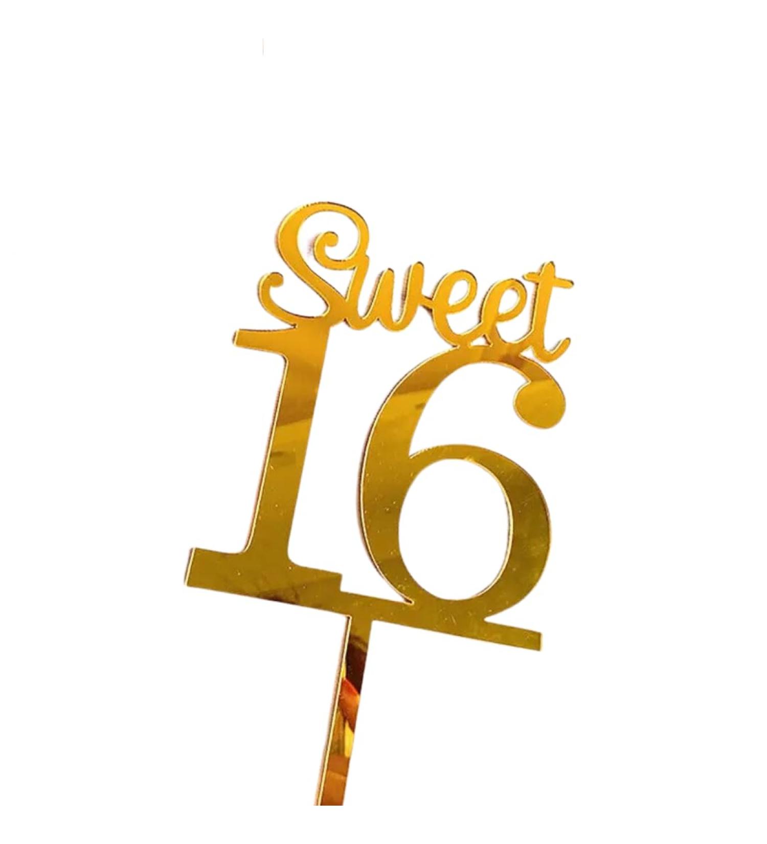 Emma Bunting Sweet 16 Gold Acrylic Cake Topper - Reusable - 15cm x 9cm