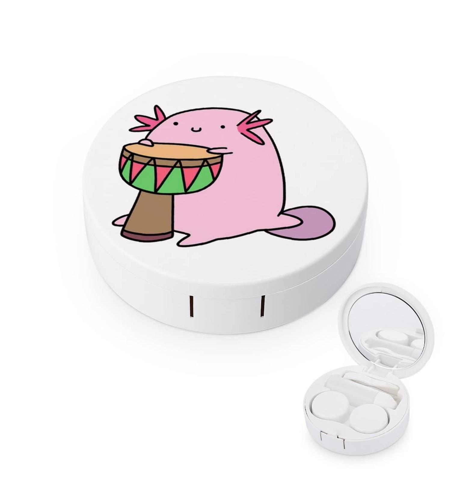 Axolotl Playing The Djembe Round Case For Contact Lens Kit Storage Box with Mirror Printed - Buy Online on GoSupps.com