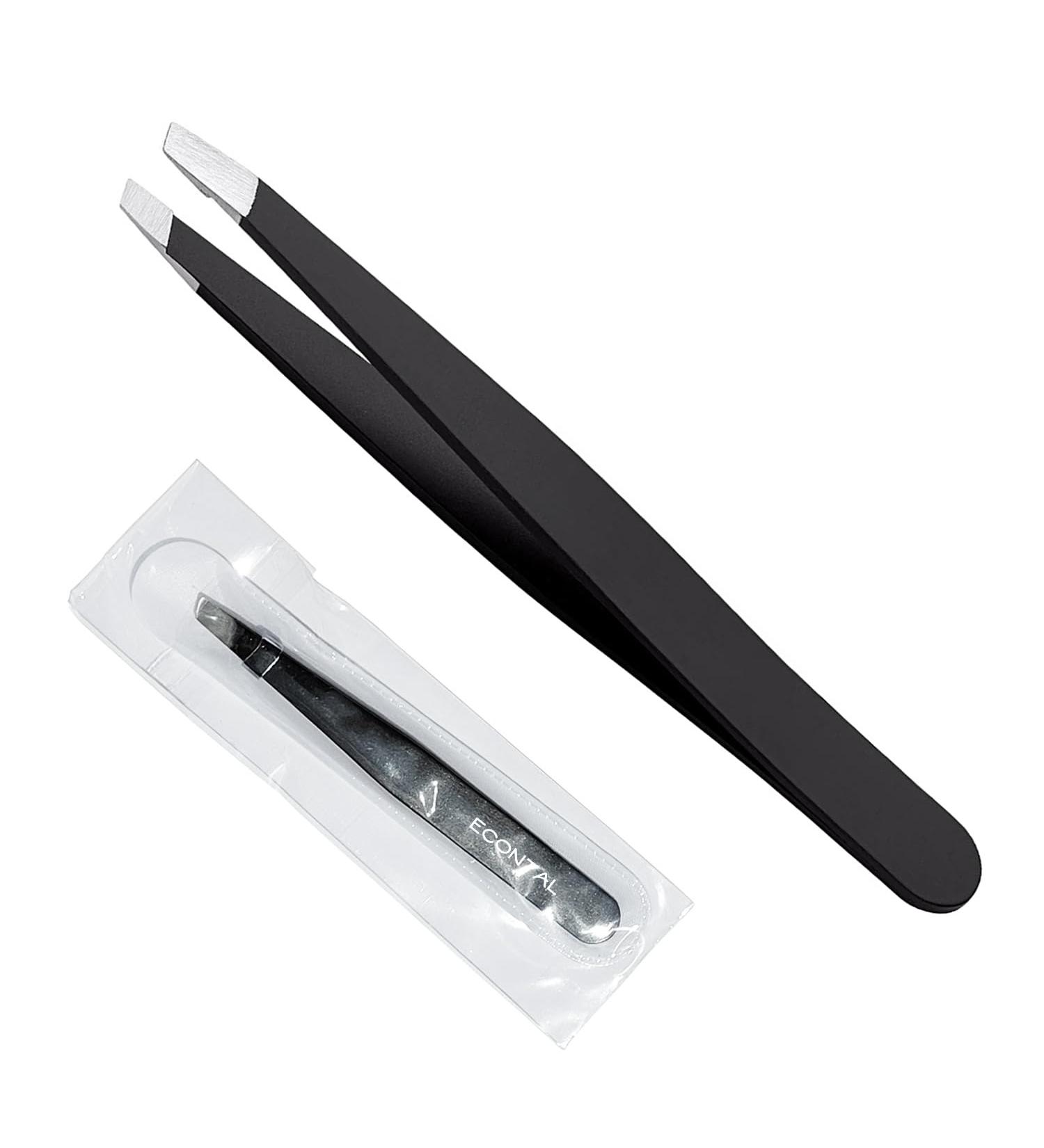 Pluck Econtal Black Tweezers with Case | Professional Sloping Eyebrow Hair Plucking Tool - Buy Online on GoSupps.com