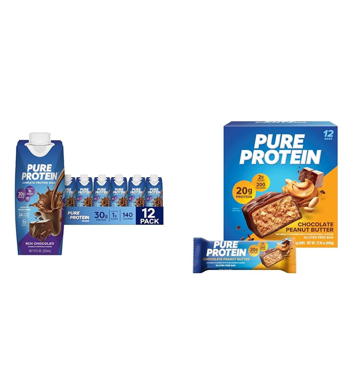 Pure Protein Chocolate Protein Shake & Bars High Protein Nutritious Snacks to Support Energy Low Sugar Gluten Free Chocolate Peanut Butter 1.76oz 12 Count (Packaging May Vary) - Buy Online on GoSupps.com