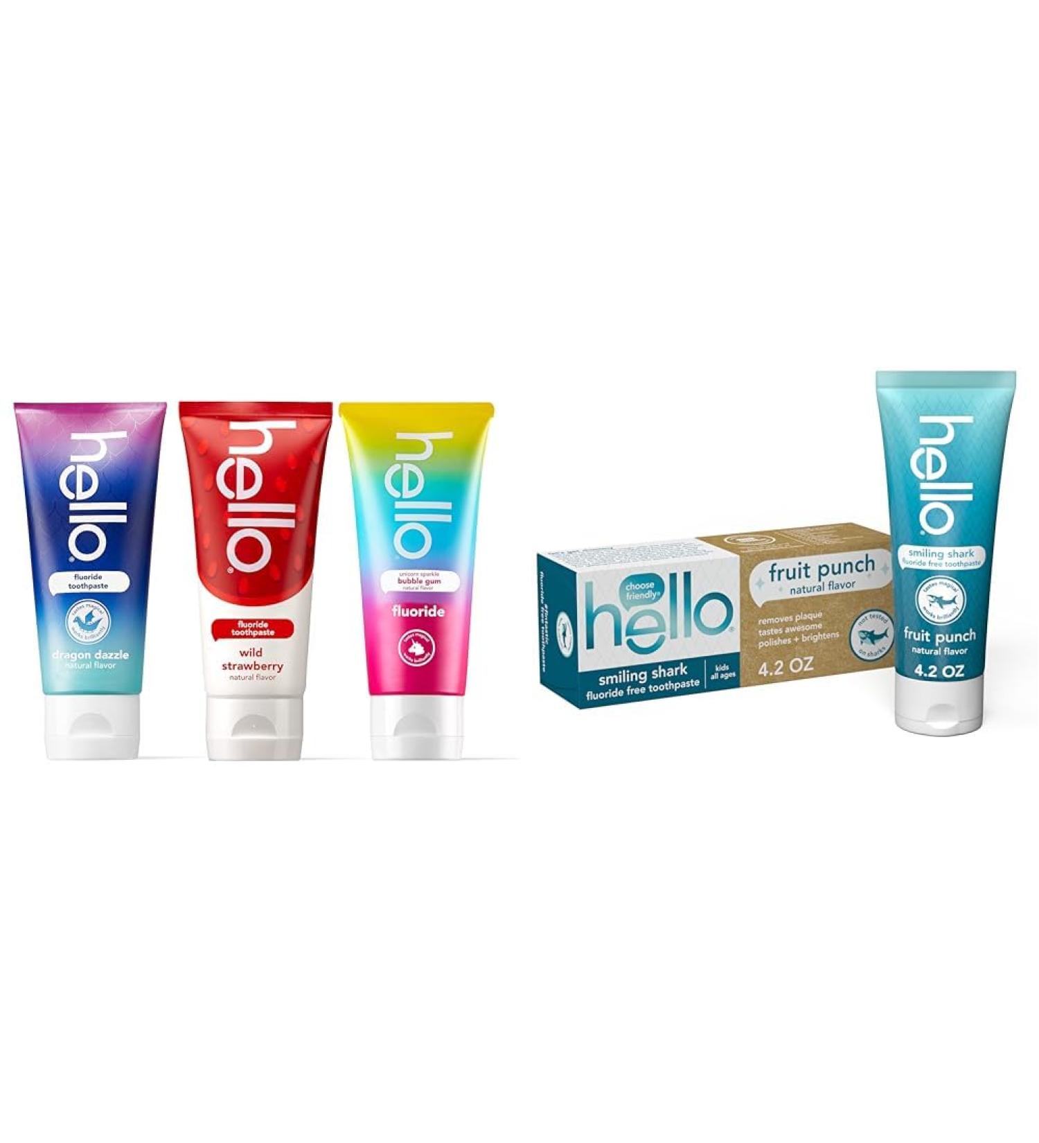 hello Variety (Unicorn Strawberry Dragon) Kids Toothpaste Bundle with Smiling Shark Fluoride Free Fruit Punch Toothpaste 4.2 Ounce - Buy Online on GoSupps.com