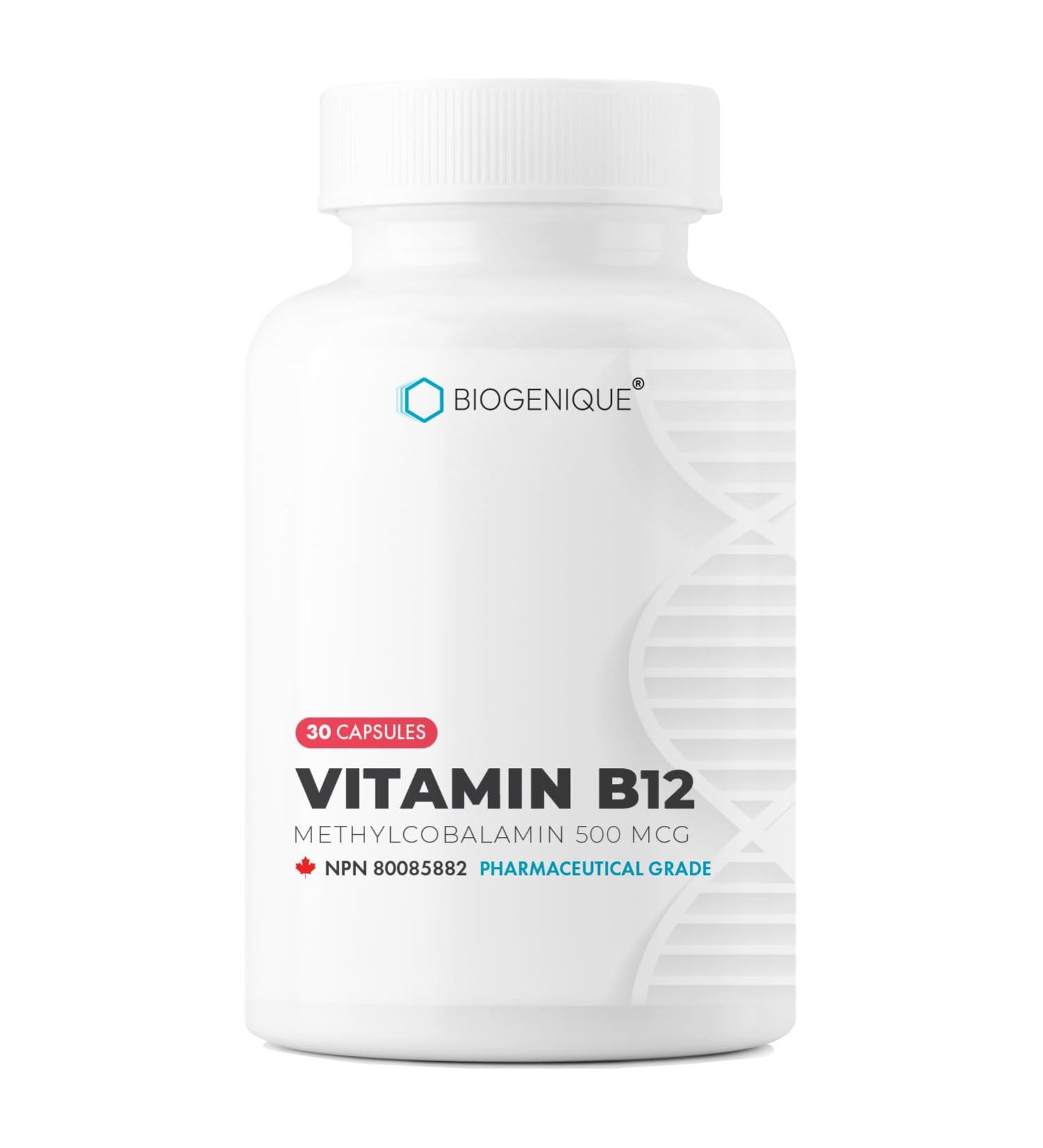 Biogenique Vitamin B12 - as Methylcobalamin Supports Energy Metabolism Nervous System Health Blood Cell Function and Methylation - 30 capsules Vitamin B12 Pharmaceutical grade Vegan Made in Canada - Buy Online on GoSupps.com
