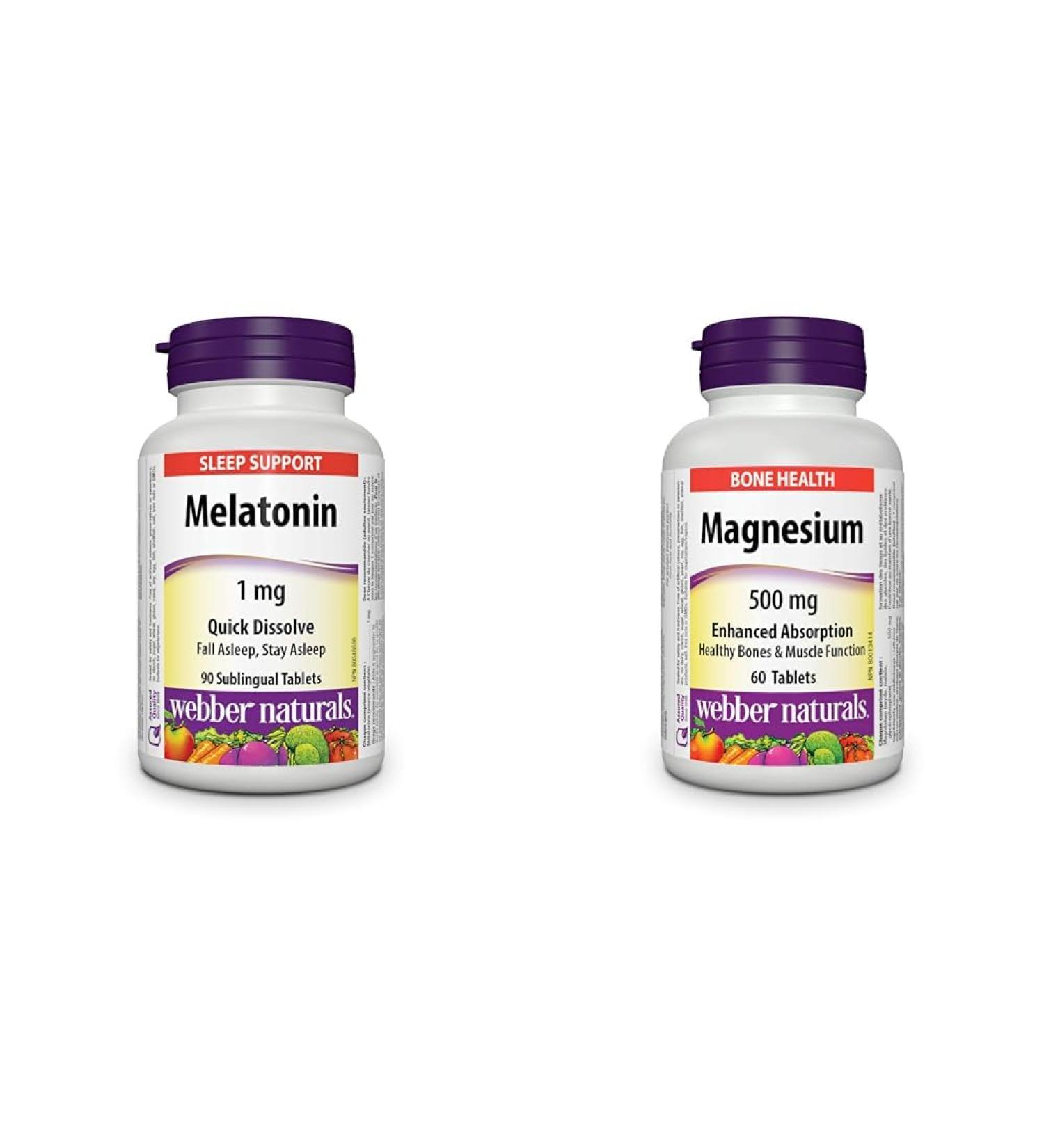 Webber Naturals Melatonin 1 mg 90 Quick Dissolve Tablets For Sleep Support Vegetarian & Magnesium 500 mg 60 Tablets Enhanced Absorption Mineral Supports Bone and Muscle Functions Vegan Tablets + Magnesium 500 mg - Buy Online on GoSupps.com