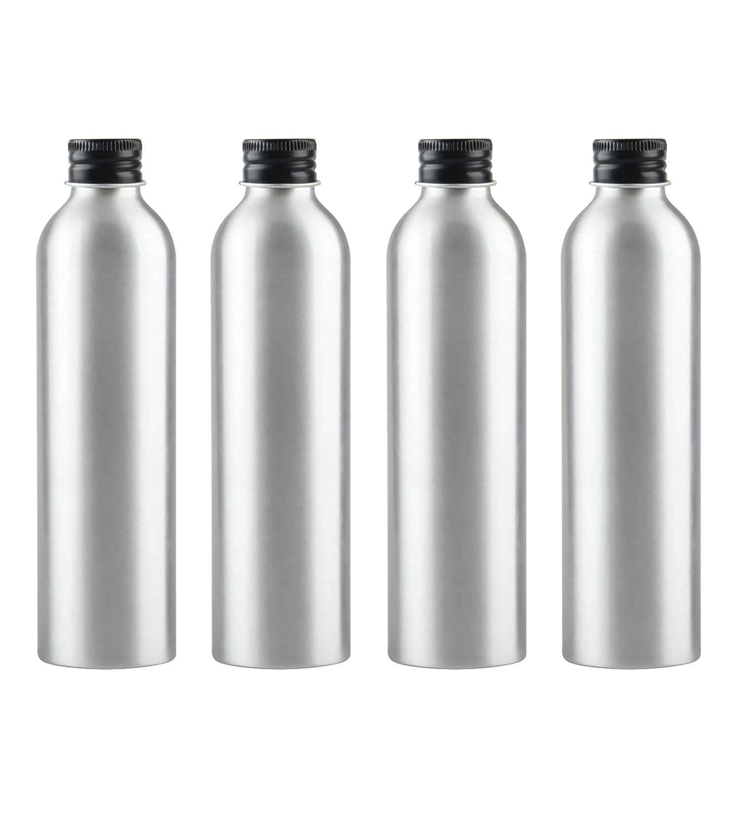 Zeoabsy 250ml Round Silver Aluminum Bottles - 4 Pack with Screw Lids for Cosmetics Essences Oils - Travel & Hotel Use - Buy Online on GoSupps.com