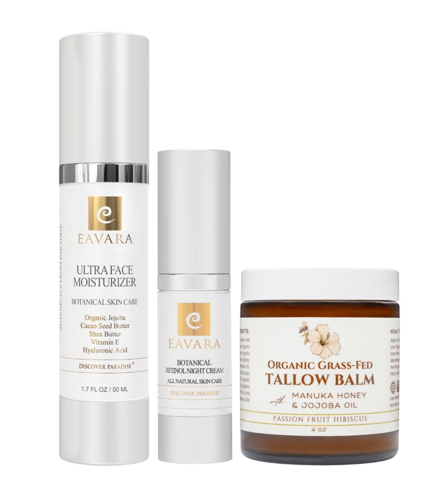 Eavara Collagen Cream Night Cream and Tallow Balm Set Organic Skincare Trio with Grass-Fed Tallow Collagen Peptides Retinol and Hyaluronic Acid Firms Nourishes and Supports Skin Overnight - Buy Online on GoSupps.com