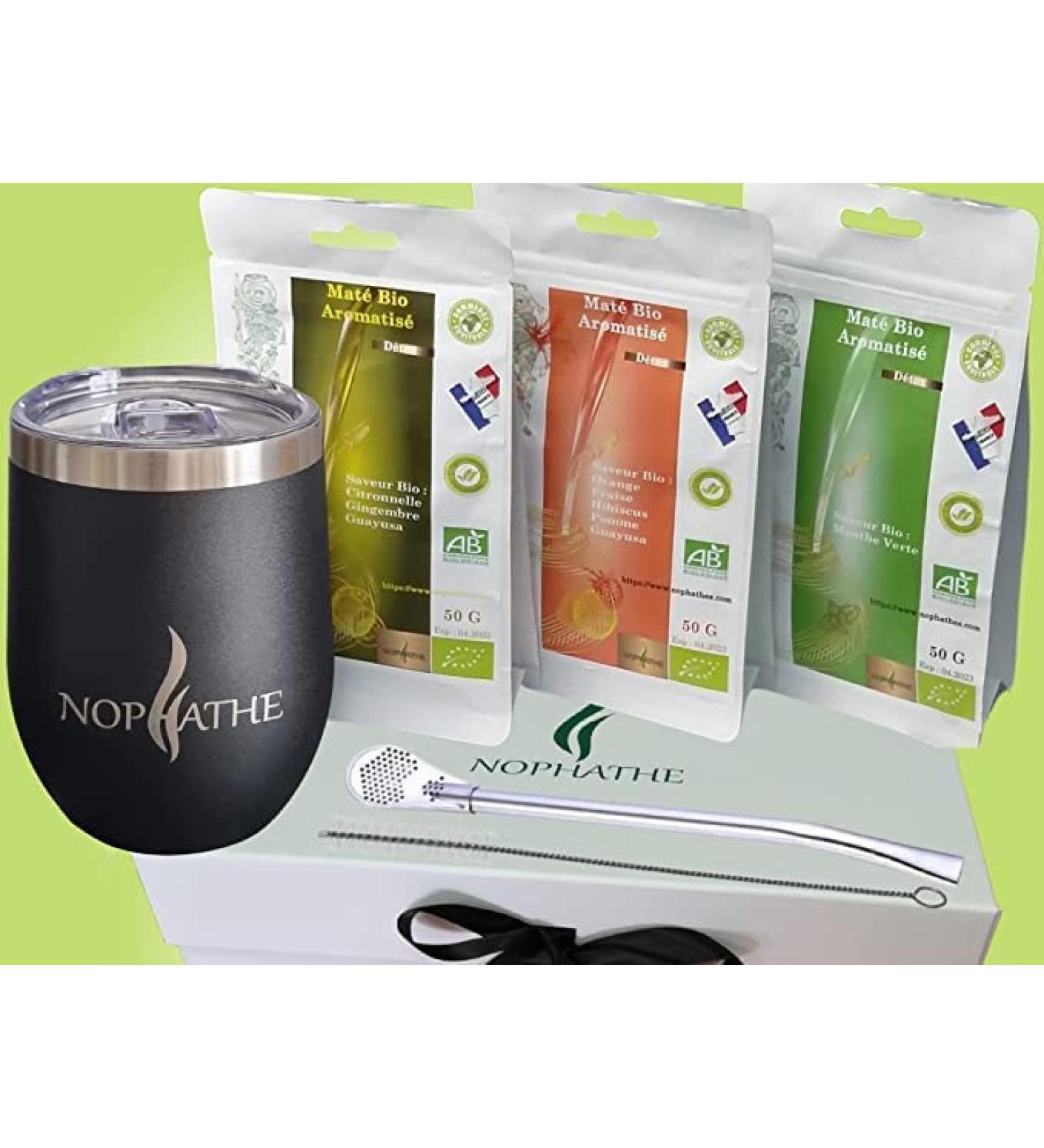  NOPHATHE NOPHATHE ORGANIC MATE DISCOVERY KIT: flavored chocolate mate 3 organic flavours - 150 g I Mint & Mate Lemongrass Ginger & Fruity Mate I Caleabash Mate 355 ml + Bombilla + Brush Caffeine Energizing - Buy Online on GoSupps.com