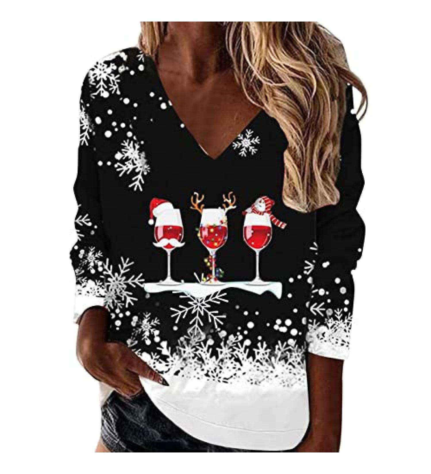 Women's Lightweight Christmas Print Sweatshirt - Loose Fit V Neck Pullover, Snowman Tree Design, Long Sleeve Top - Casual Crew Jersey - Wine (Small) - Buy Online on GoSupps.com