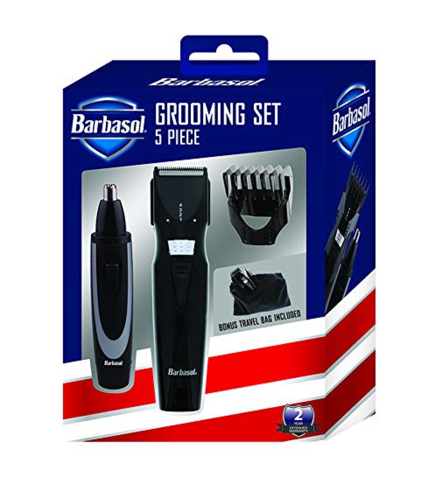 Barbasol Battery Powered 5 Piece Electric Grooming Set with Stainless Steel Blades Body and Beard Trimmer Ear and Nose Trimmer Built in Adjustable Position Guides and Travel Bag