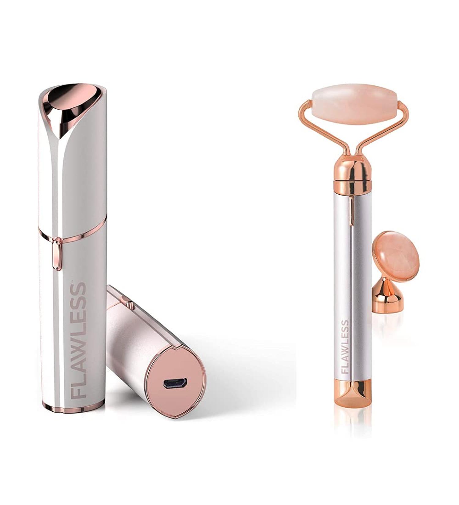 Finishing Touch Flawless Recharged facial hair remover and contour rose quartz facial scooter with eye stone attachment - including battery and 2 replacement cups