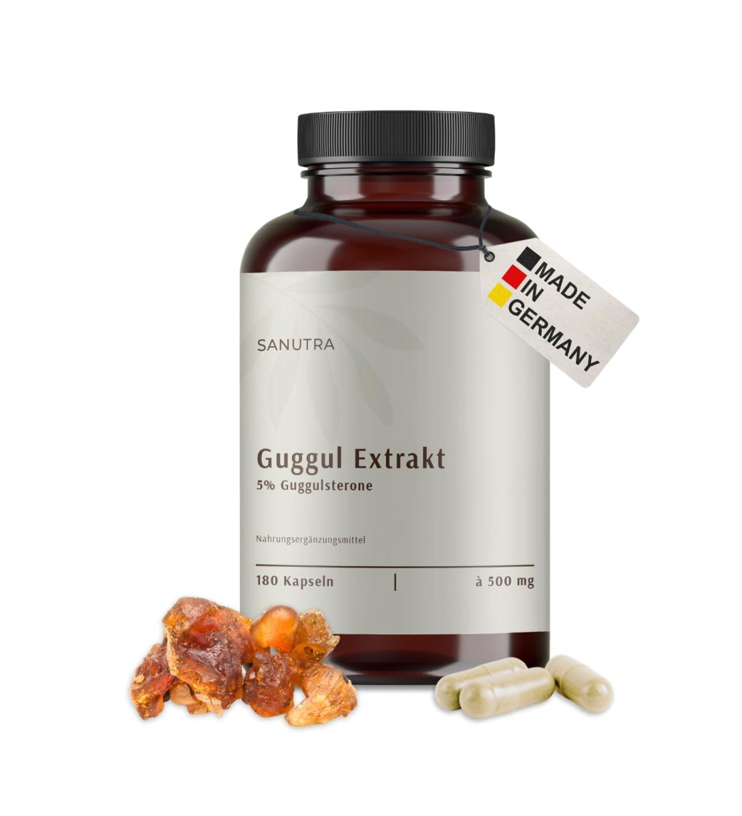 SANUTRA Guggul Extract Capsules | 180 Capsules of 500 mg | 5:1 Extract | 5% Guggulsterone | 6 Months Consumption | Vegan | No Additives | Made in Germany - Buy Online on GoSupps.com