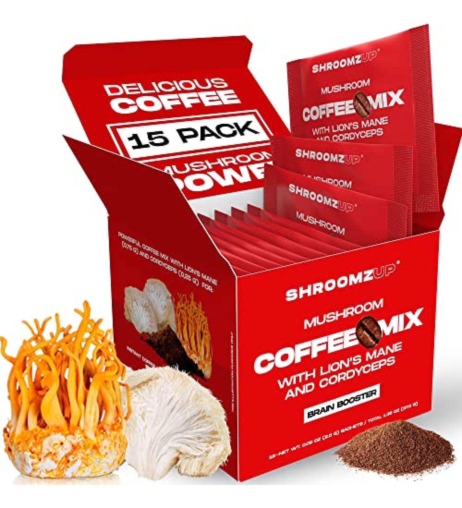 Shroomzup Mushroom Coffee Instant (15 Pack) - Lion's Mane and Cordyceps Superfood Coffee for Keto Vegan Paleo - Brain Focus & Productivity Boost - Buy Online on GoSupps.com