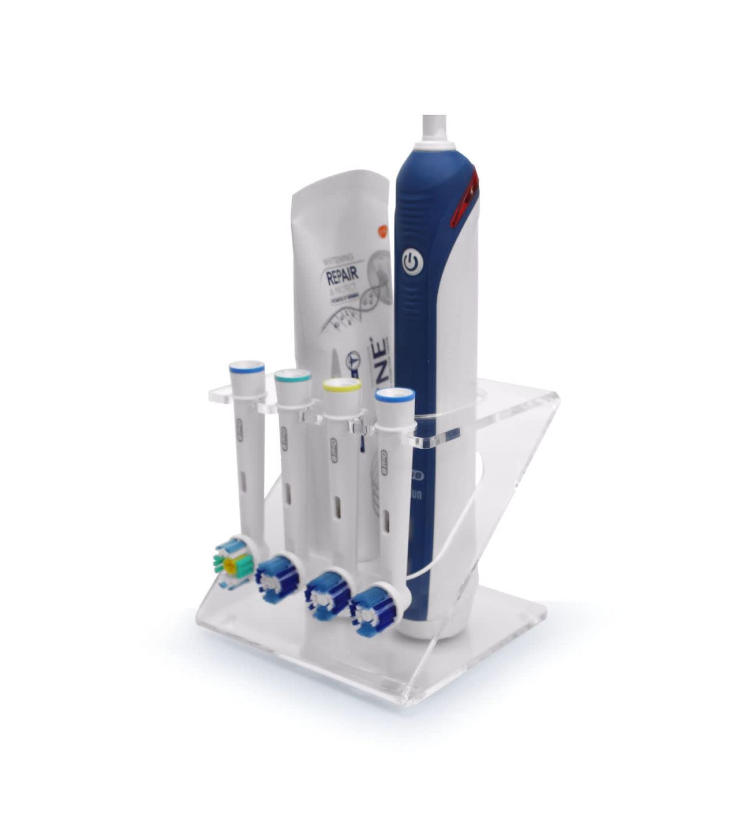 Electric toothbrush and toothpaste holder compatible with Oral B (4 heads + 1 toothbrush) (transparent)