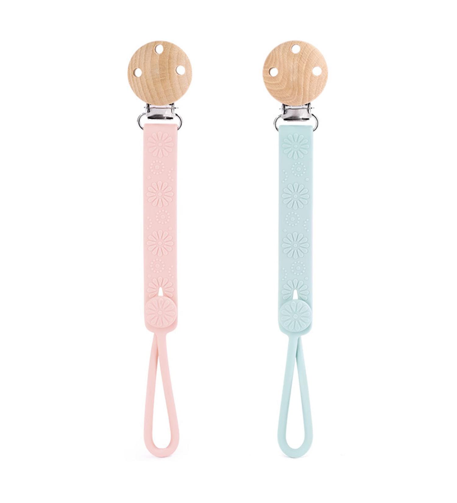 Silicone Pacifier Clip 2 Pack with Wooden Clip for Teether Pacifiers - Pink Mint - Buy Online on GoSupps.com