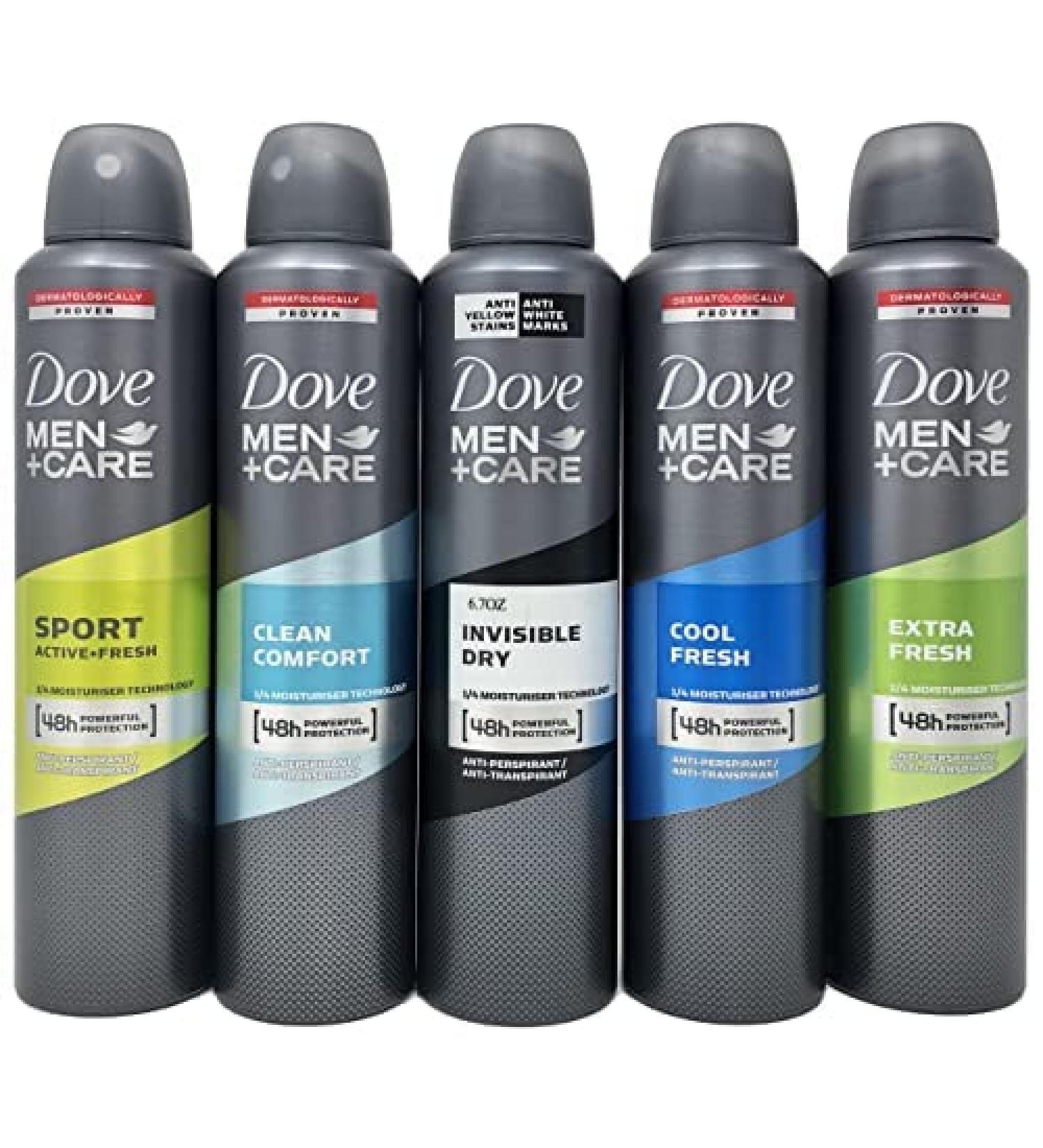 Dove Men + Care Antiperspirant Spray Variety Set Sport Clean Comfort Invisible Dry Cool Fresh and Extra Fresh Scents 8.45 Ounce 5 Count
