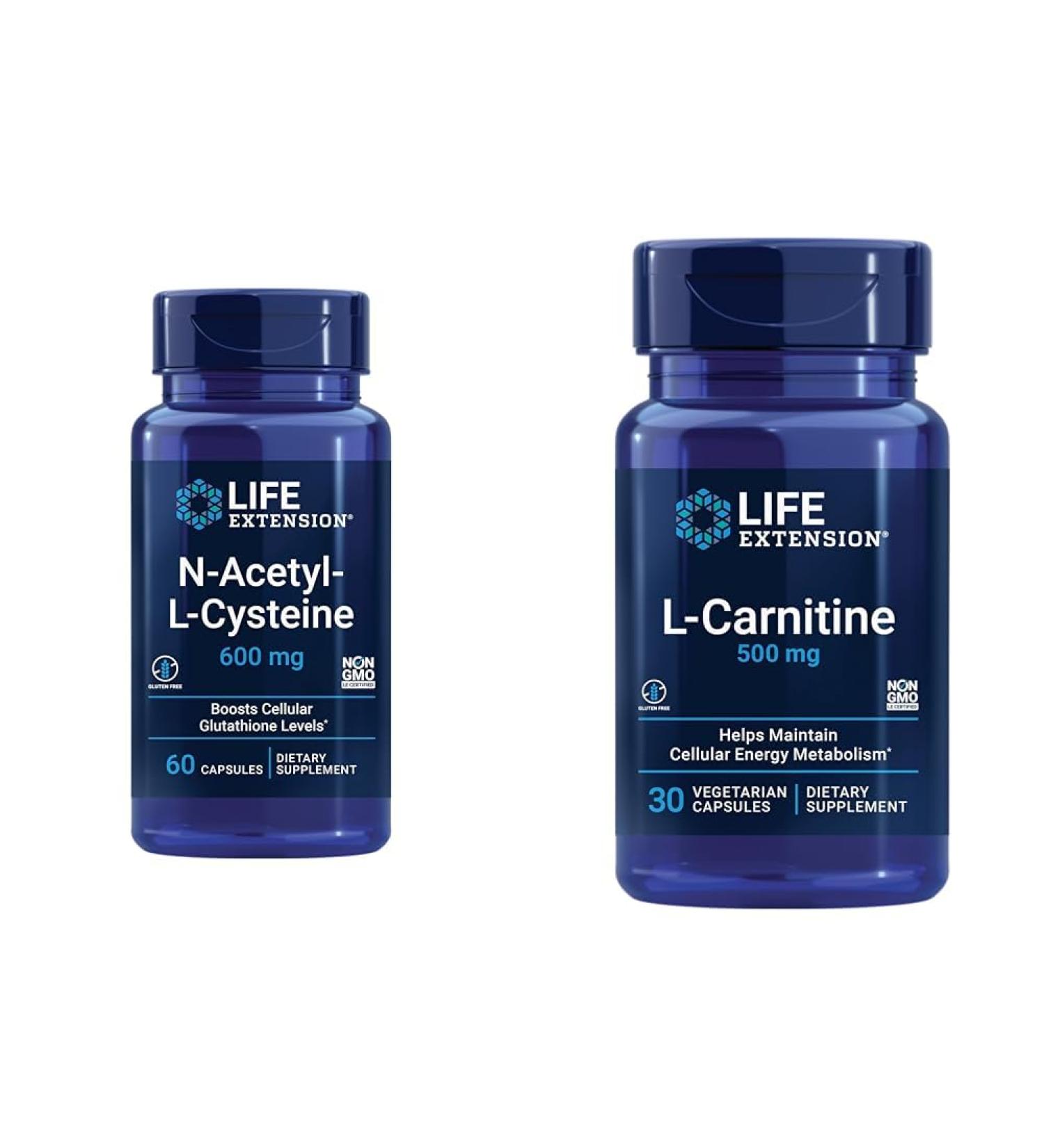 Life Extension NAC Immune & Respiratory Support & L-Carnitine Energy Memory & Heart Health 600mg NAC & 500mg L-Carnitine 60 & 30 Capsules - Buy Online on GoSupps.com