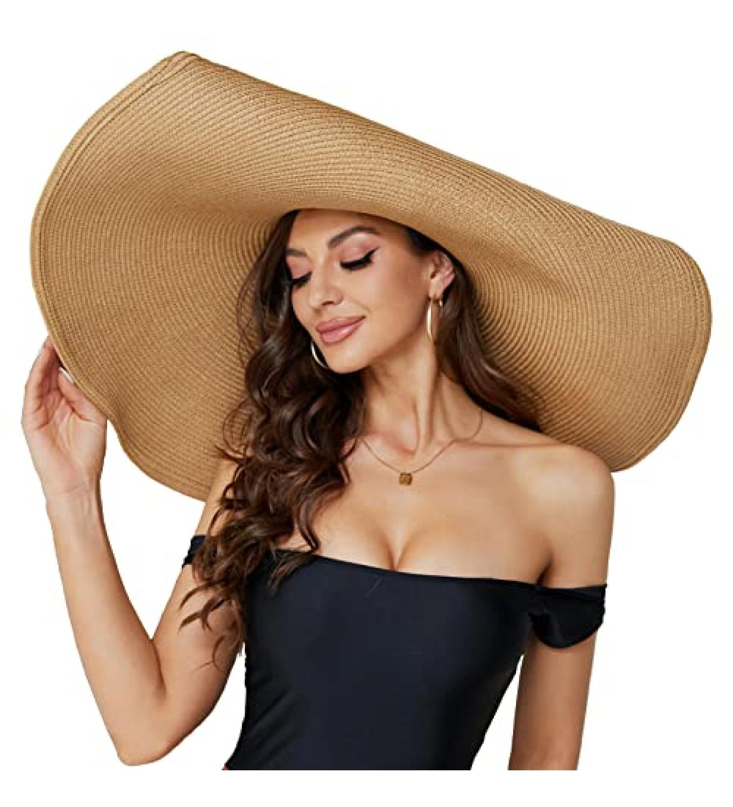 Women's Oversized Beach Straw Hat - Handmade Large Wide Brim Visor Sun Hat in Khaki - Buy Online on GoSupps.com