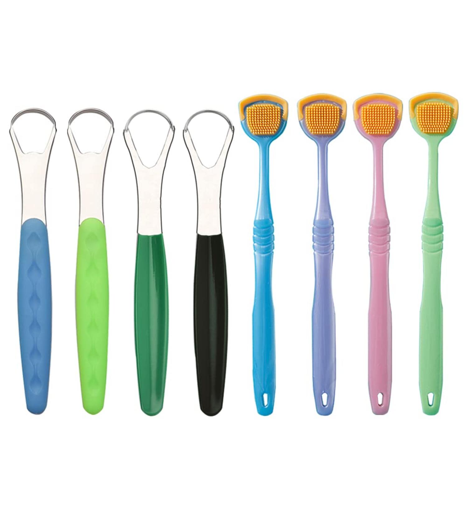 SHUAXI Tongue Brush and Scraper Set (4 Metal + 4 Plastic) for Adults and Kids - Helps Eliminate Bad Breath - Buy Online on GoSupps.com