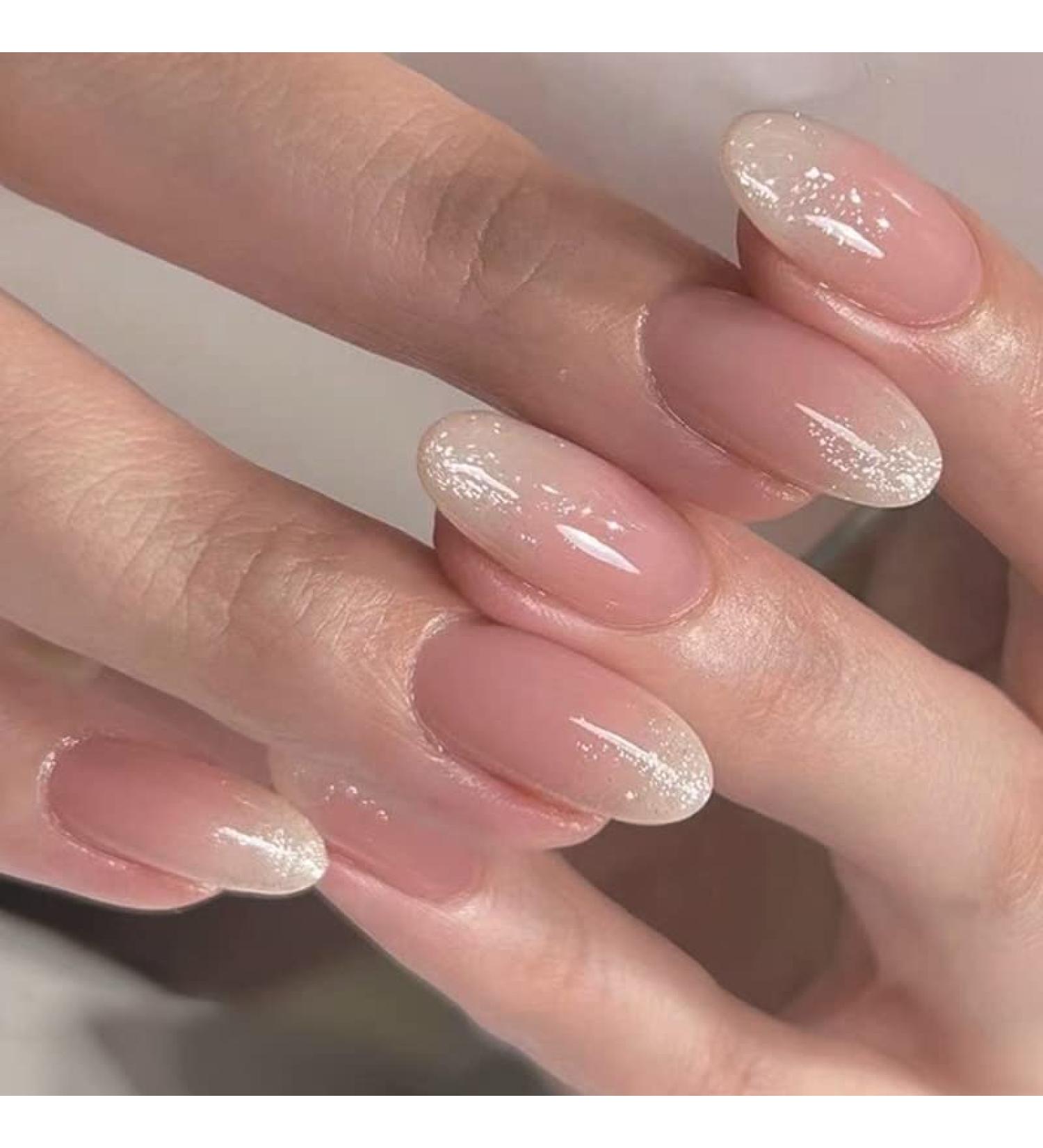 Mouyouglow Short Round Pink Nude Press-On Nails | Full Cover Artificial Fake Nails with Glue | Baby Boomer Gold Glitter Acrylic Fingernails for Women & Girls - i018 - Buy Online on GoSupps.com
