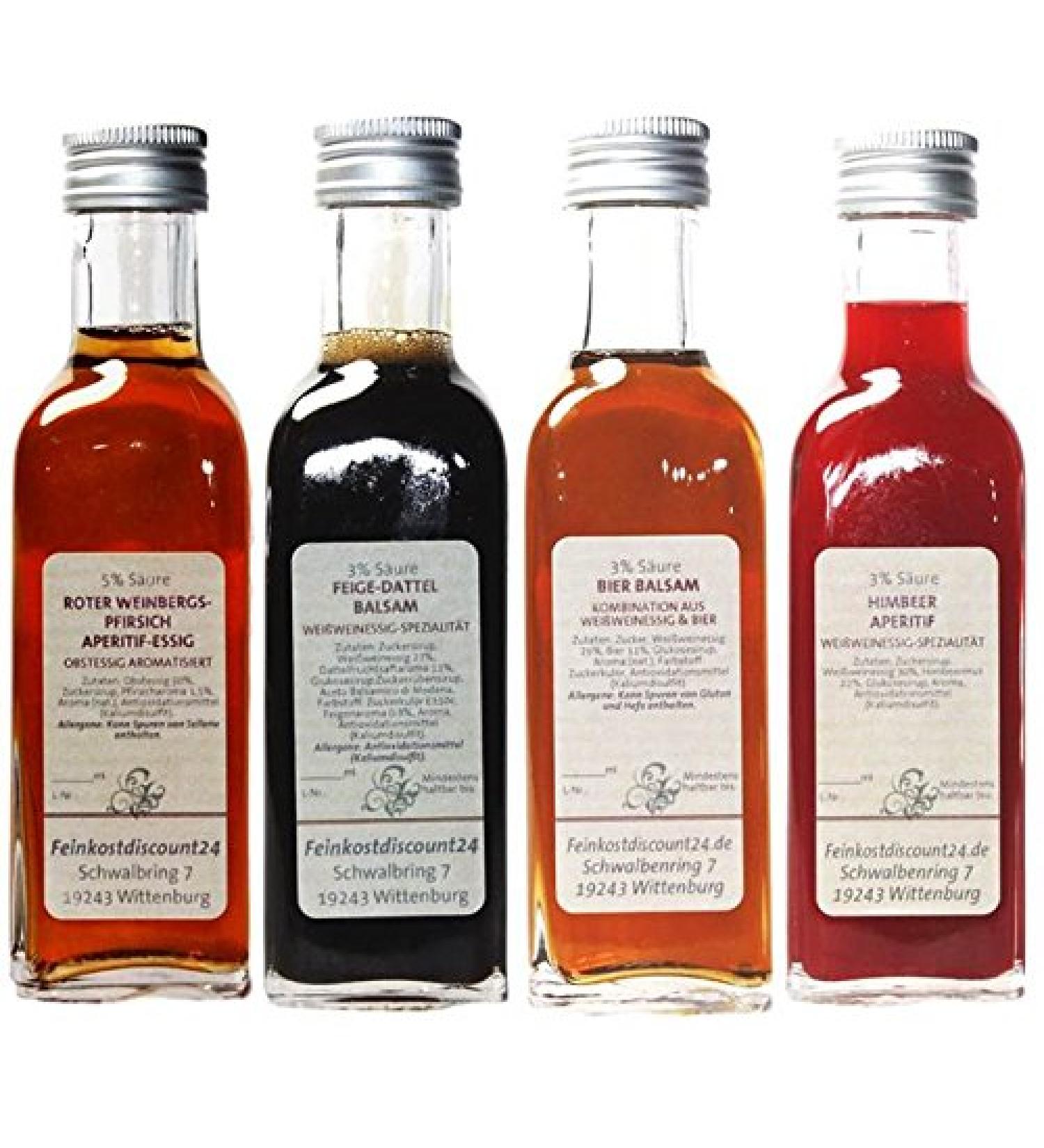 Gift set & trial set |4 x 100 ml vinegar |Red vineyard peach vinegar 5% acid - cute date vinegar 3% acid - beer balm 3% acid - raspberry aperitif vinegar 3% acid