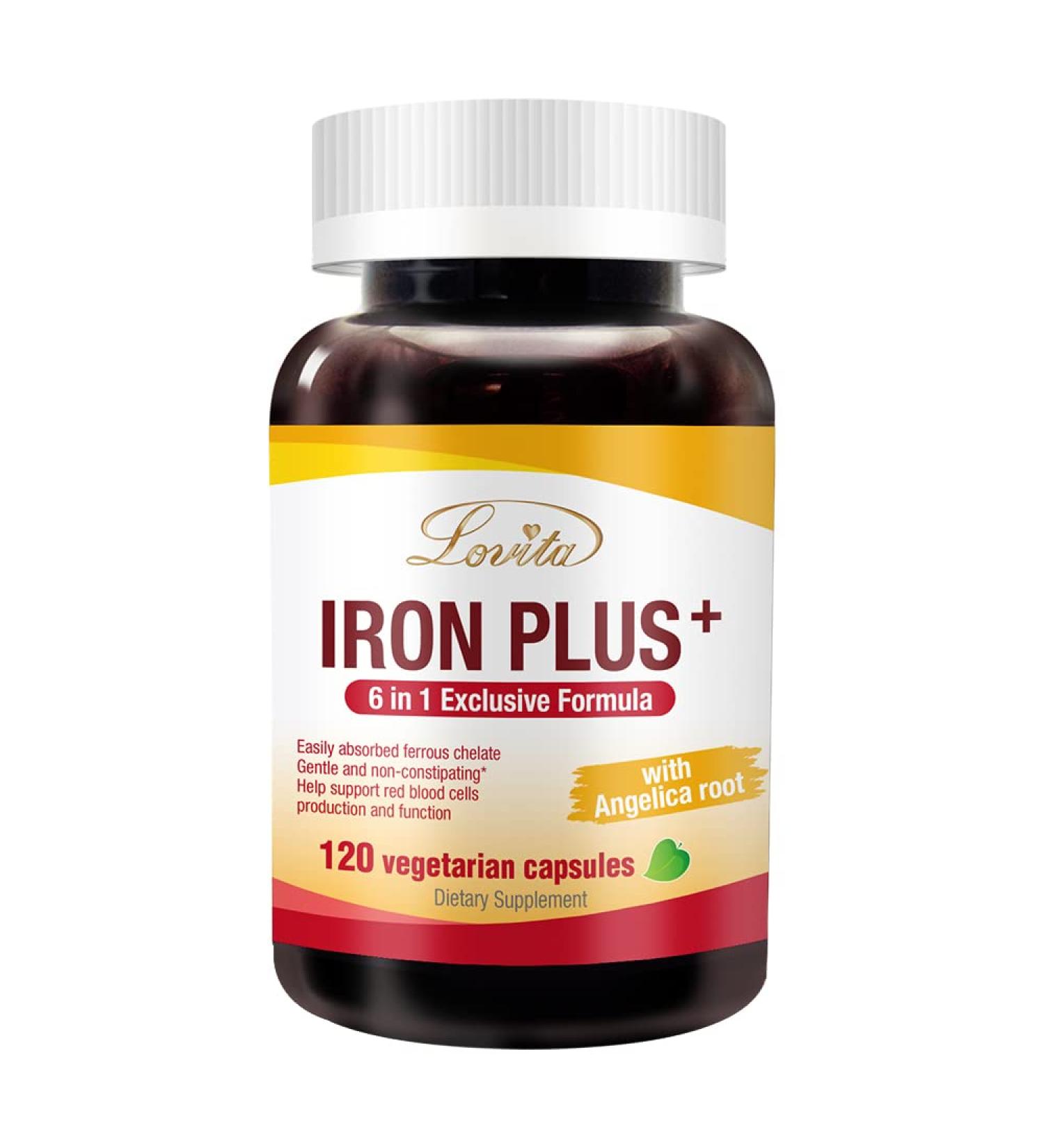 Lovita Iron 18mg 6-in-1 Supplement for Women - Vegan Iron with Vitamin C, Dong Quai & B12 - Supports Red Blood Cell Production - 120 Capsules - Buy Online on GoSupps.com