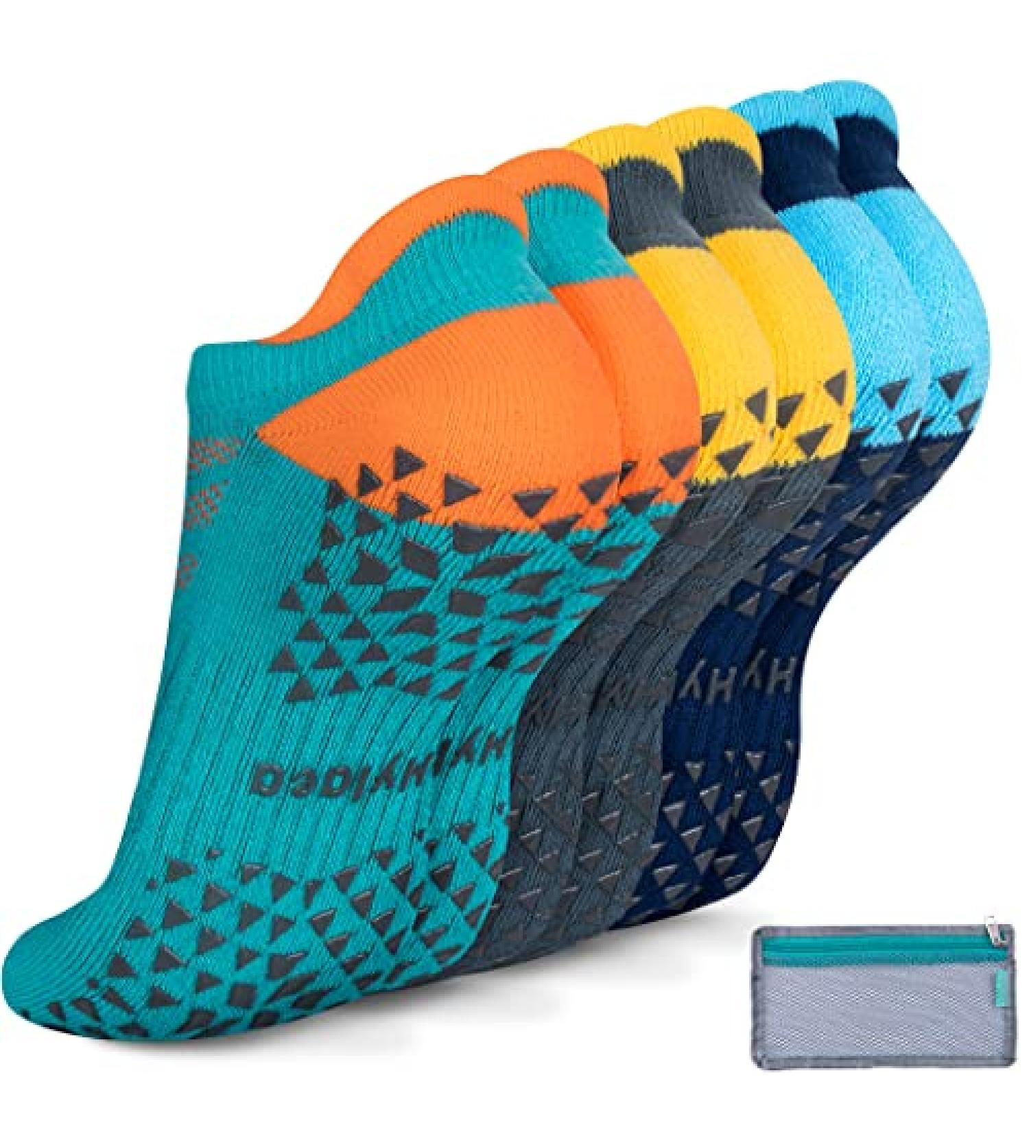 3 Pairs Unisex Non Slip Grip Socks for Yoga, Hospital, Pilates, Barre | Ankle Cushioned - Dark Blue Green - Small-Medium - Buy Online on GoSupps.com