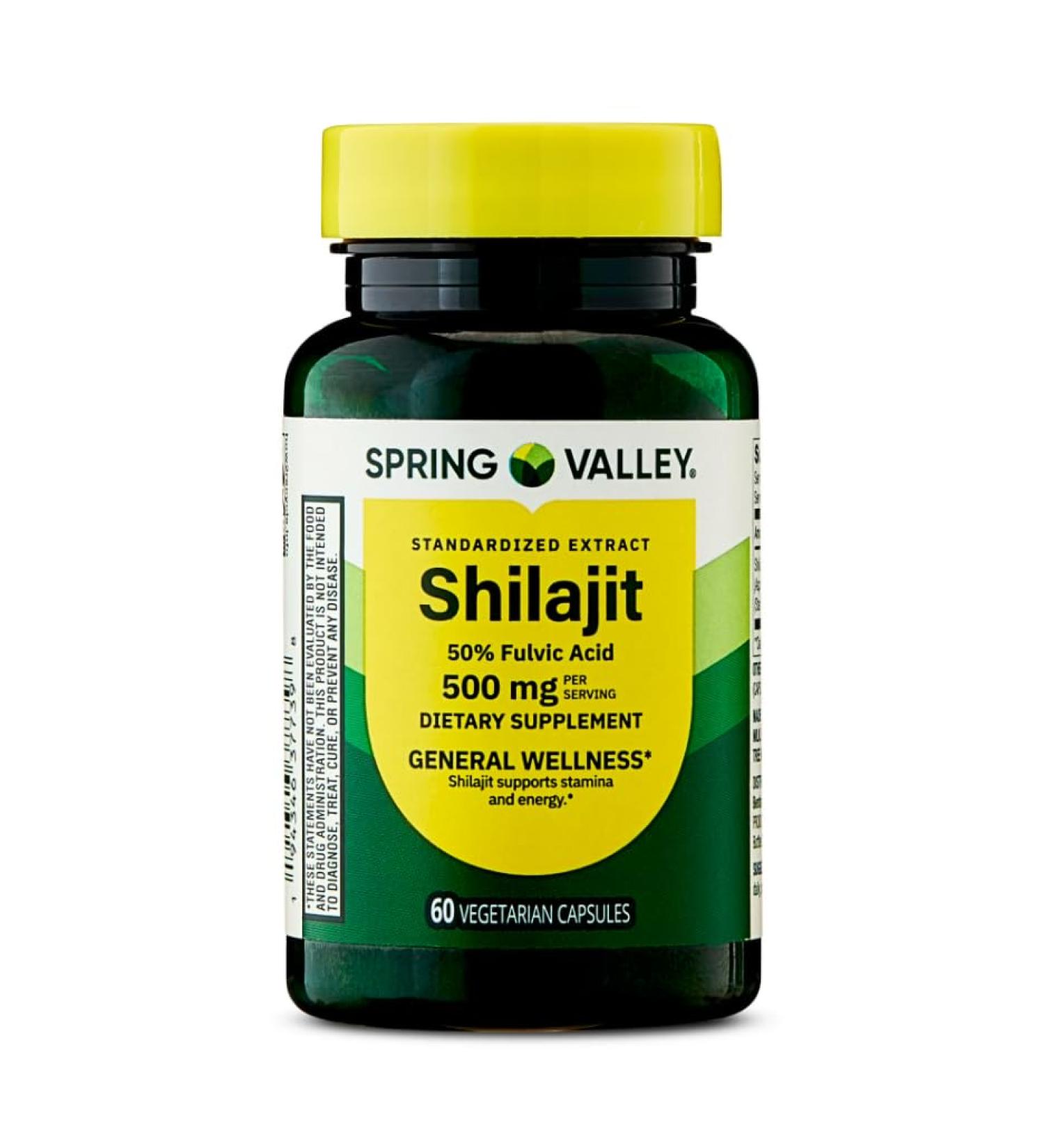Spring Valley Shilajit Dietary Supplement 50% Fulvic Acid 500 mg Vegetarian Capsules for General Wellness 60 Count - Buy Online on GoSupps.com