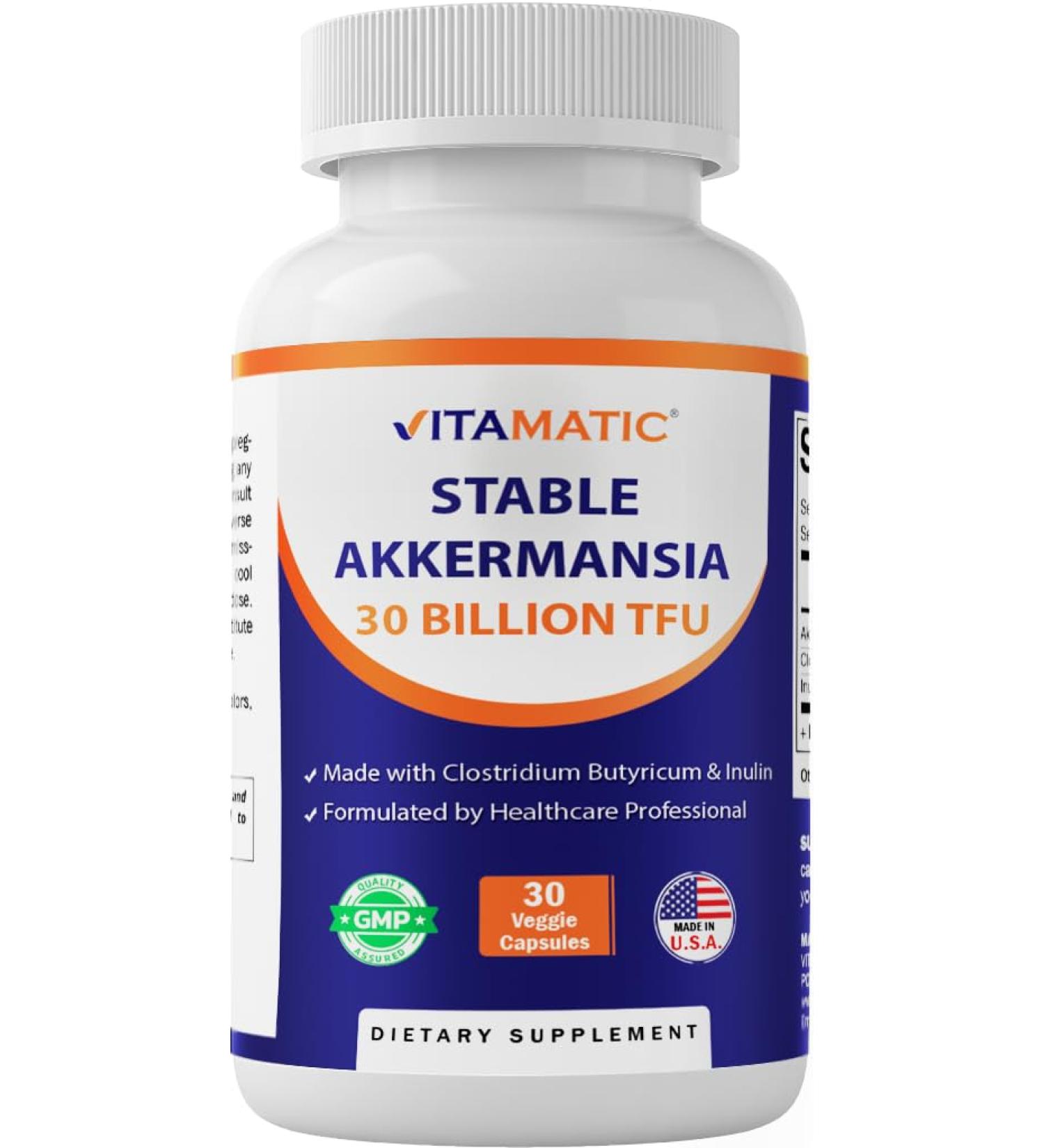 Vitamatic Akkermansia Muciniphila 30 Billion TFU + Clostridium Butyricum + Prebiotic Inulin - GLP-1 Probiotic - 30 Vegan Capsules - 30 Servings 30 Count (Pack of 1) - Buy Online on GoSupps.com