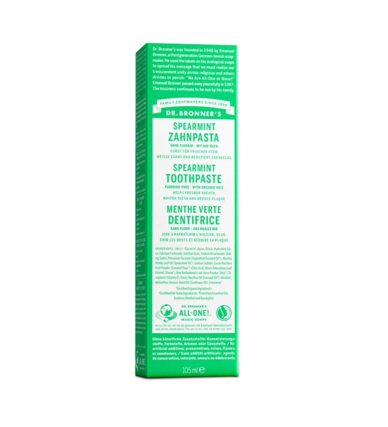 Dr. Bronner's Spearmint Toothpaste - Fluoride-Free Vegan & Organic Coconut Oil - 105 ml Tube - Buy Online on GoSupps.com