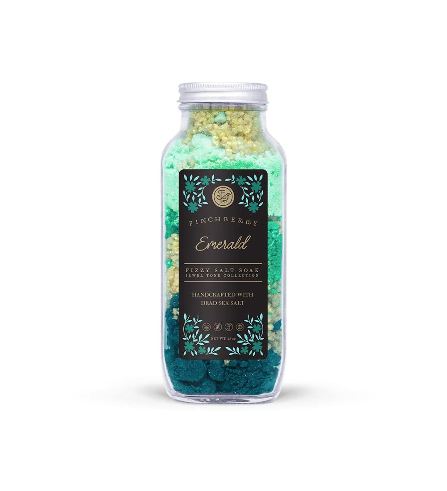 Finchberry Fizzy Bath Salt Soak (Emerald)  Dead Sea Salts with Bath Bomb Effect for Relaxation and to Ease Sore Muscles  Luxury Spa Aromatherapy Soak  16 oz