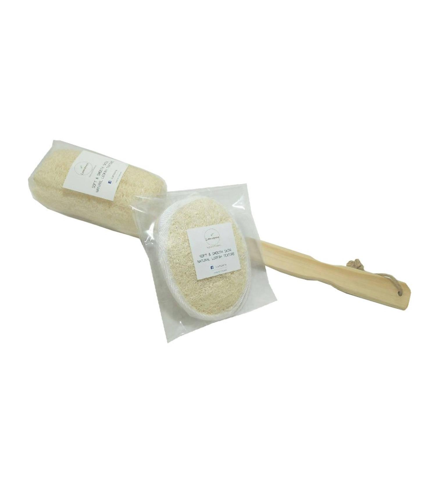 Set of 3 Natural Exfoliating Loofah Sponges with Long Handle & 2 Loofah Pads - Ideal Shower Scrubber for Body Cleansing - Buy Online on GoSupps.com