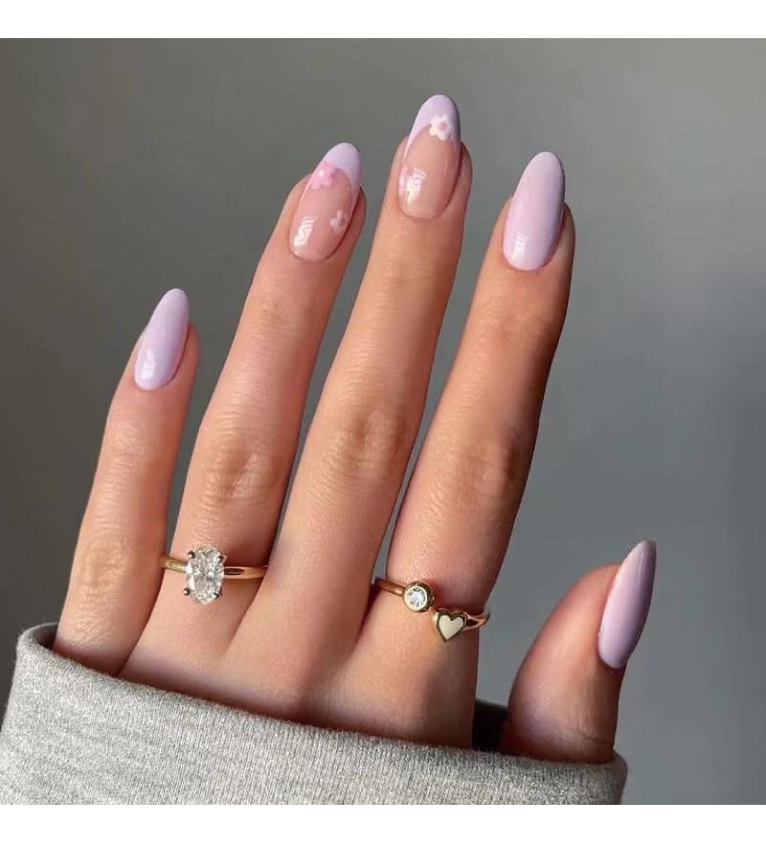 MENILITHS 24Pcs/Set False Nails Minimalist French Purple Flower Fresh False Nails Acrylic Fake Nails Full Cover Nails Tips Artificial Finger Manicure Press on nails for Women and Girls - Buy Online on GoSupps.com