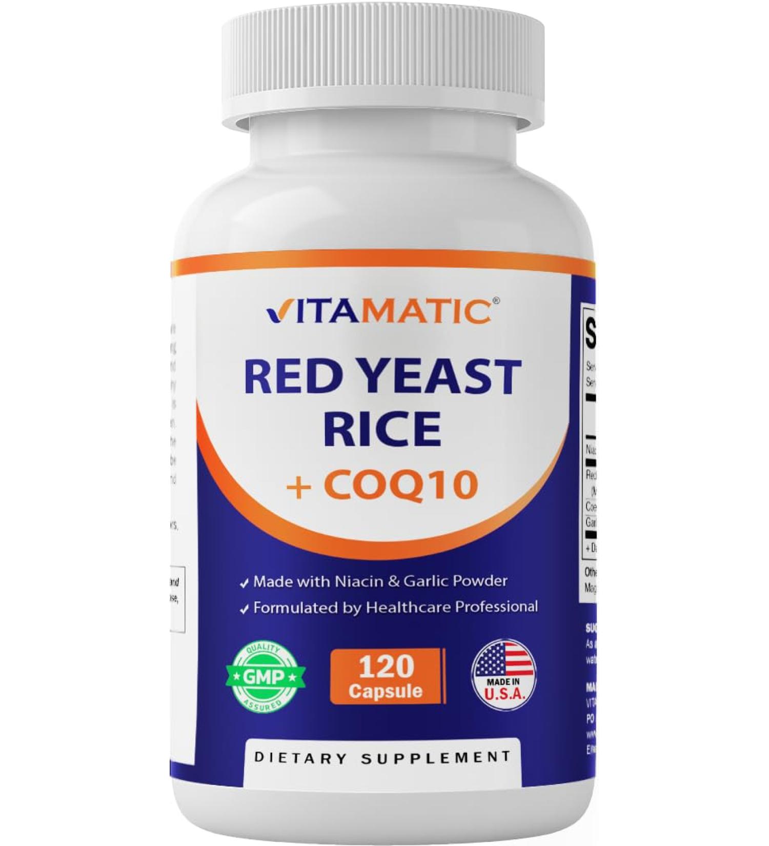 Vitamatic Citrinin-Free Red Yeast Rice 1200 mg. Capsules with CoQ10 100mg, Flush Free Niacin 100mg, & Garlic Powder 20mg - 120 Veg Capsules 120 Count (Pack of 1) - Buy Online on GoSupps.com