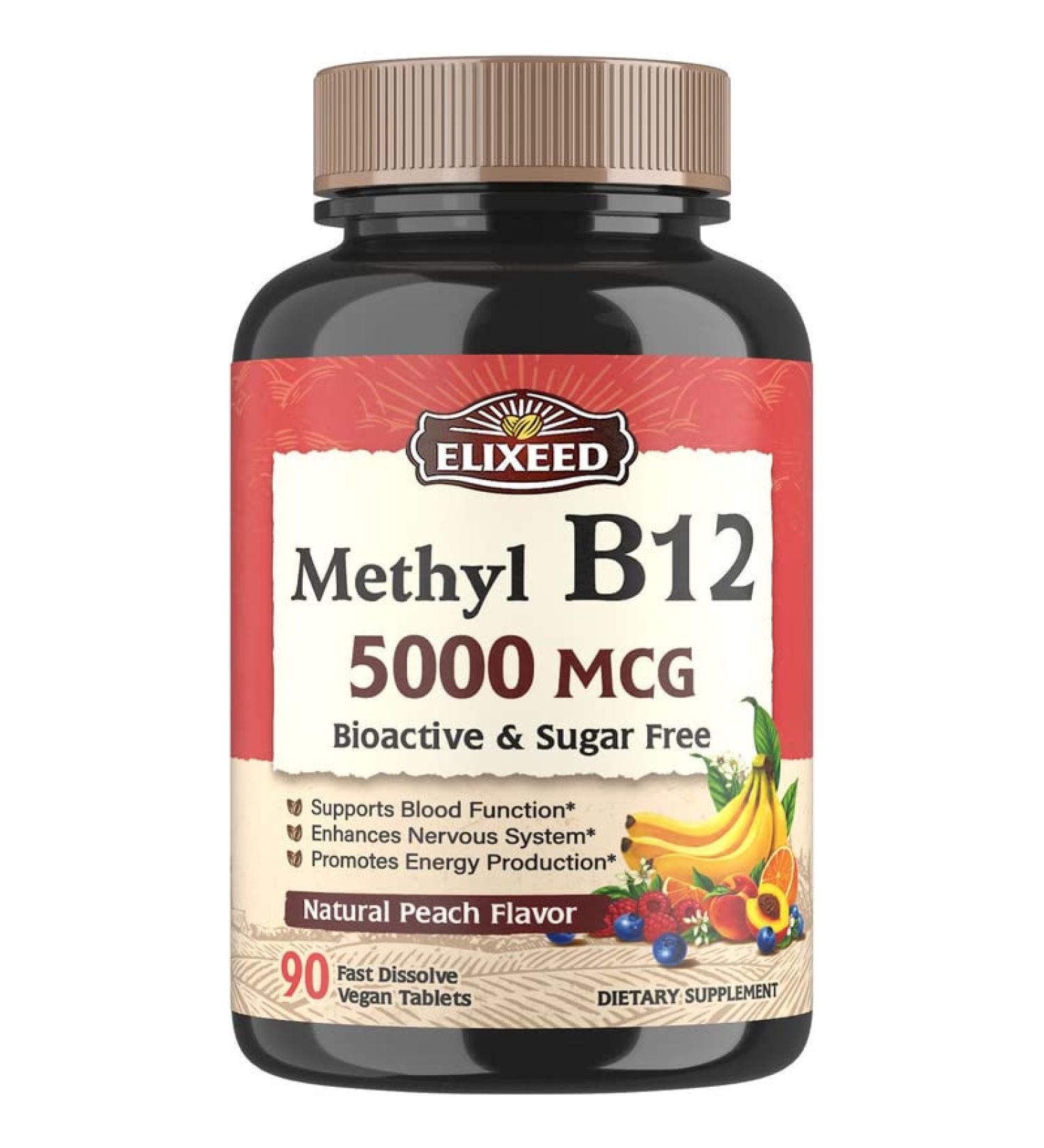 Elixeed Vitamin B12 5000mcg Methylcobalamin 90 Fast Dissolve Tablets - Blood Function, Energy & Nerve Support - Peach Flavor, Vegan & Non-GMO - Buy Online on GoSupps.com