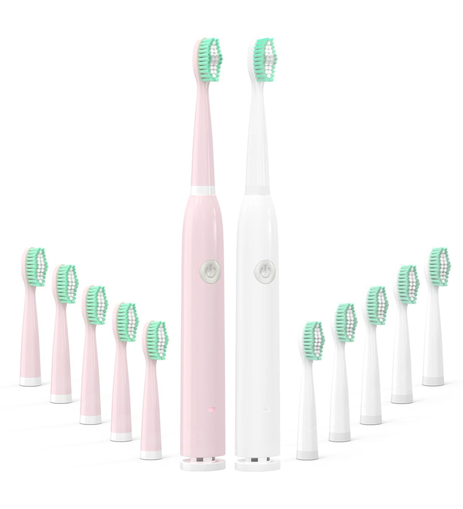 2 Pack Rechargeable Electric Toothbrushes | 10 Brush Heads | 5 Modes | Smart Timer | 45 Days Battery Life | White & Pink - Buy Online on GoSupps.com