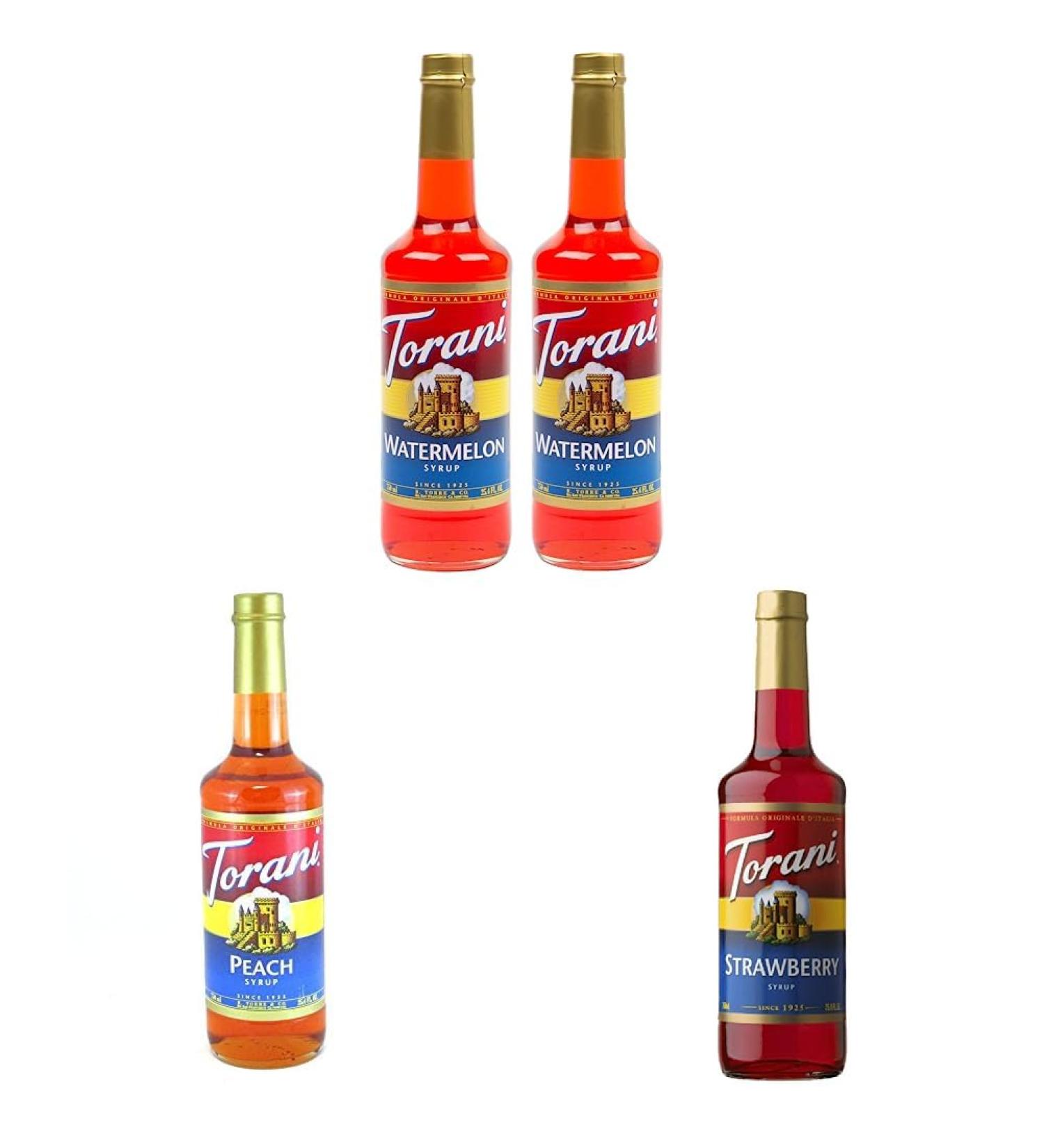 Torani Watermelon Flavour Syrup 750ml bottle 2 Pack red & Torani Peach Flavor Syrup 750ml & Torani C-34016 Syrup Strawberry 750 Milliliter (Pack of 1) Syrup+ Peach Syrup+ Syrup Strawberry - Buy Online on GoSupps.com