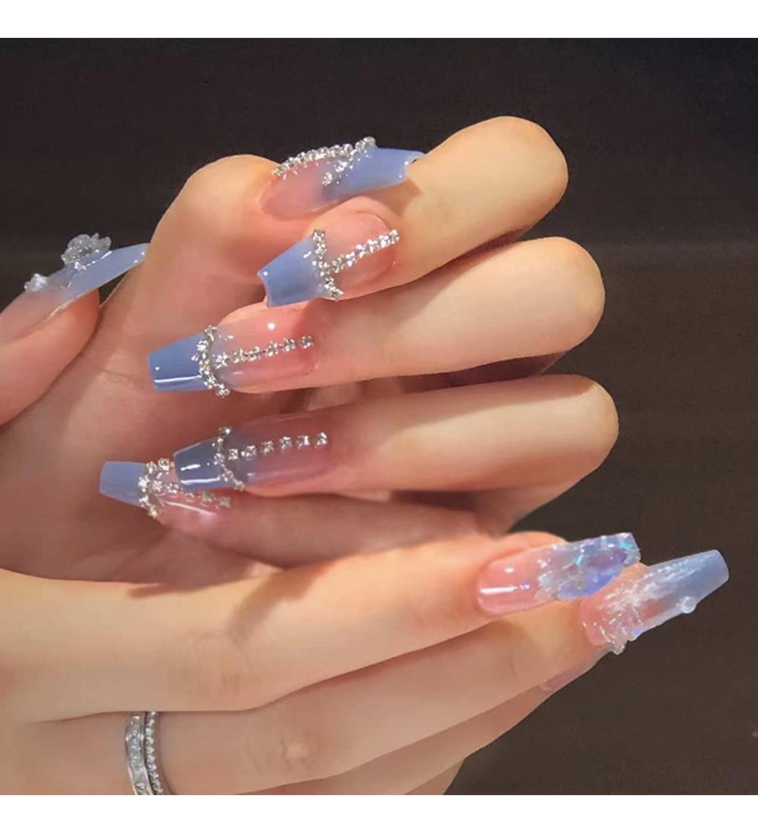 24 PCS Blue Glitter 3D Press on Nails with Rhinestones - French Pointed Fake Nail Kit - Buy Online on GoSupps.com