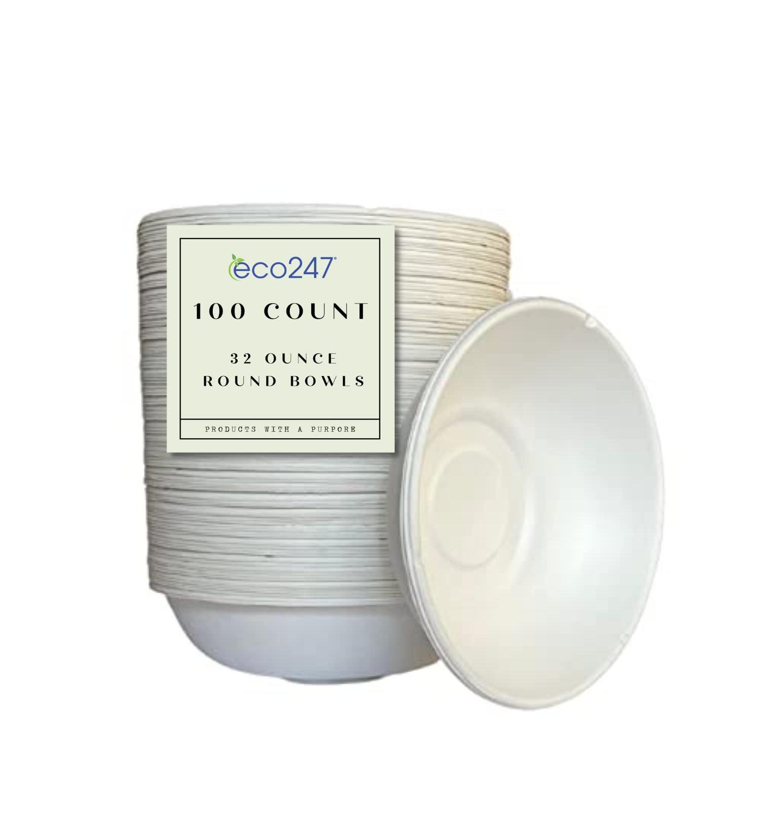 Eco247 100% Compostable Large White Bowls 32oz - 100ct | Heavy Duty Disposable Bowls | Eco-Friendly | Biodegradable Natural Sugar Cane Bagasse - Buy Online on GoSupps.com