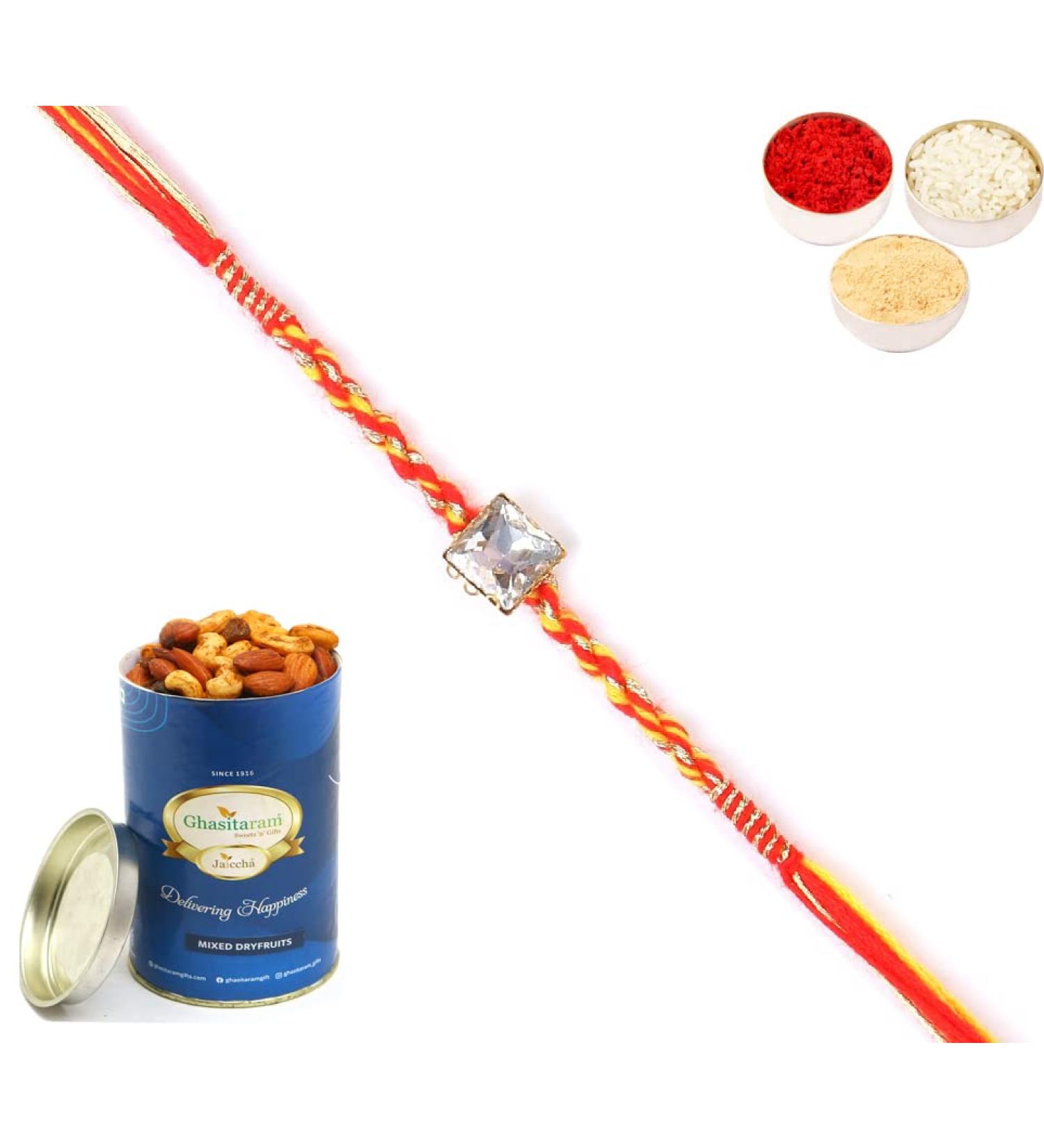 Ghasitaram Gifts Rakhi for Brother Rakhis Online - 6371 Fancy Thread Rakhi with 100 GMS of Dryfruits Mix Can - Buy Online on GoSupps.com