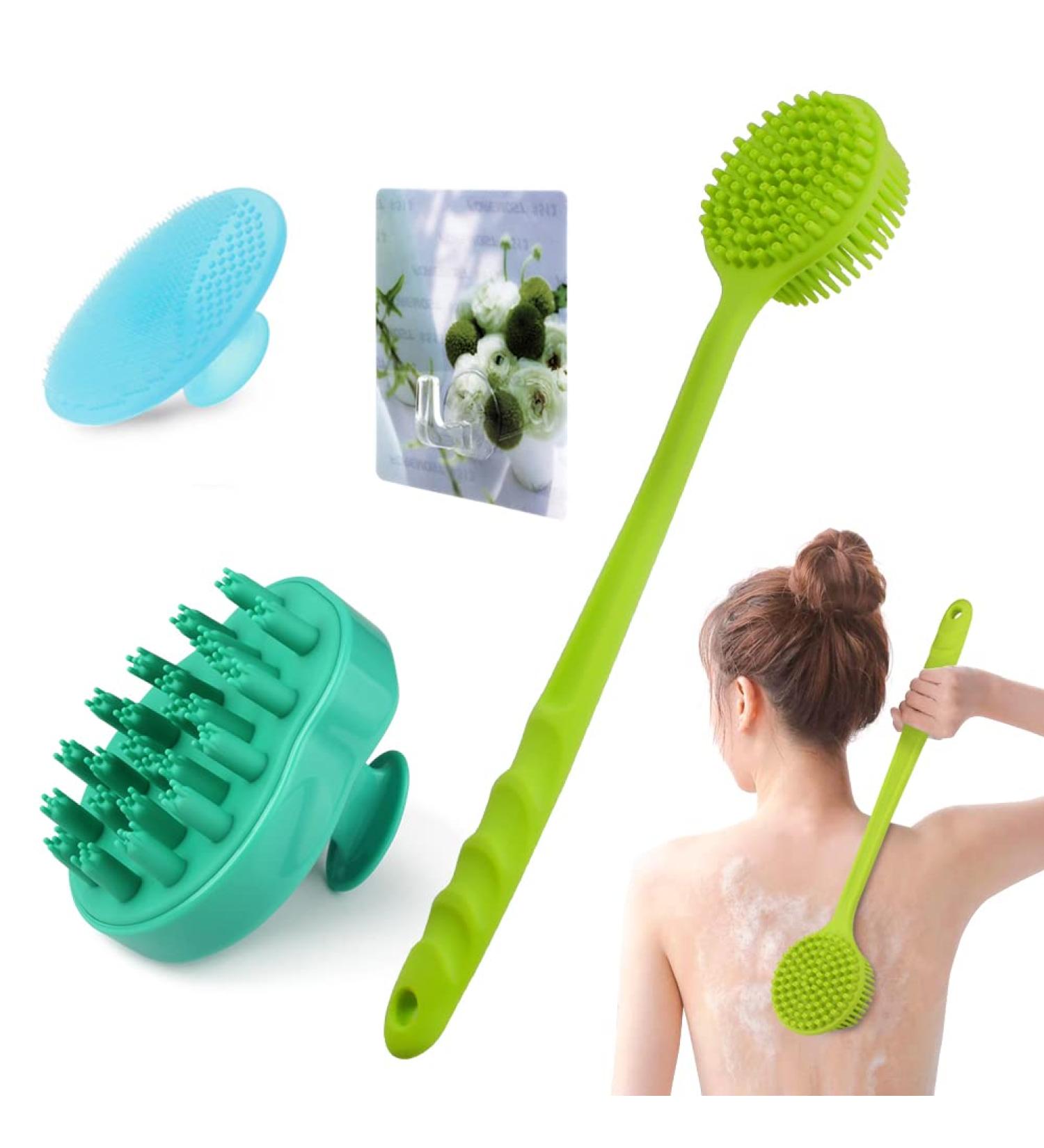 Lalacolorful Silicone Back Scrubber Exfoliating Shower Brush Set - Long Handle, Double-Sided, With Hook - Hair Scalp Massager & Facial Cleansing Brush - Yellow & Green - Buy Online on GoSupps.com