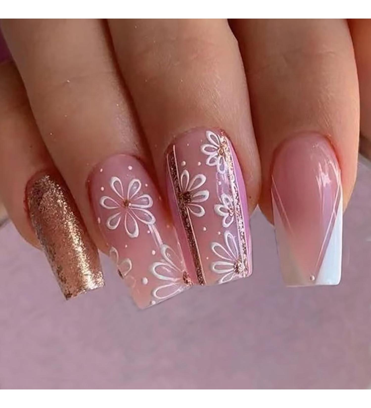 Coffin False Nails Long Fake Nails French Flowers Press on Nails Ballerina Acrylic Stick on Nails 24pcs for Women and Girls (Color : PINK Size : F) - Buy Online on GoSupps.com
