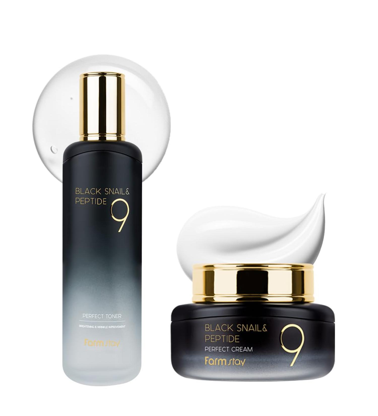 Farmstay Black Snail & Peptide 9 Perfect Toner + Cream Snail Mucin Toner for Elastic & Glow Skin Moisturizing & Anti-Aging Korean Skin Care for Women & Men - Buy Online on GoSupps.com