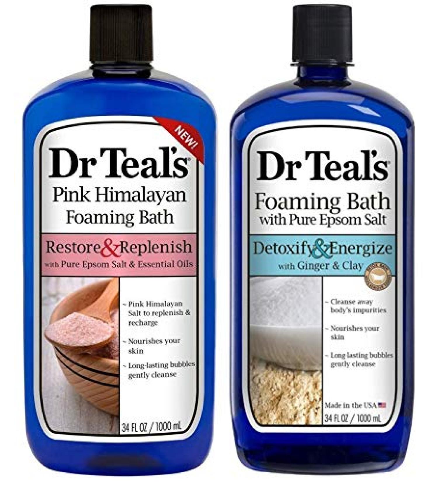 Dr Teal's Foaming Bath Combo Pack (68 fl oz Total), Restore & Replenish with Pink Himalayan, and Detoxify & Energize with Ginger & Clay