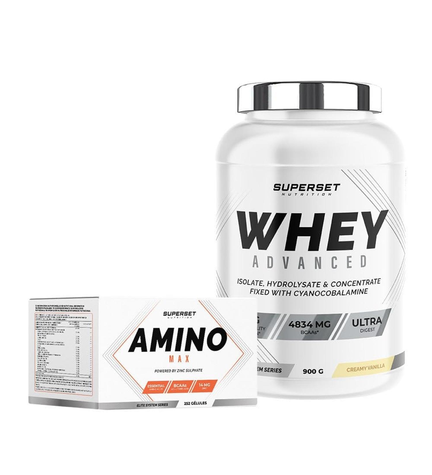 Superset Nutrition | Beginner Dry Muscle Gain Program - 100% Whey Protein Advanced 900g Creamy Vanilla - Amino Max - Buy Online on GoSupps.com