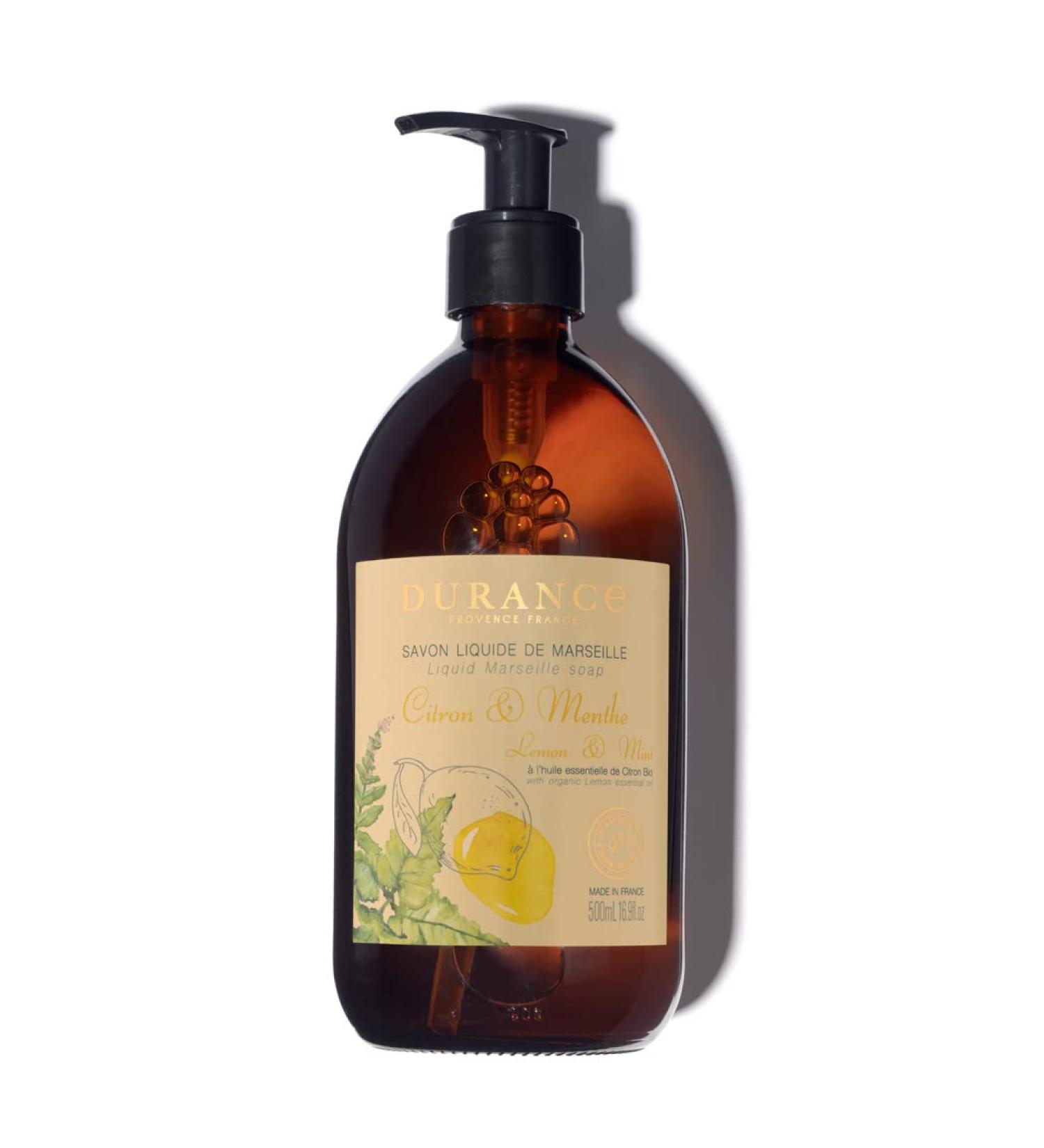 Durance Lemon & Mint Marseille Liquid Soap 500ml Paraben-Free Hand & Body Wash With Olive Oil & Red Rice Extract Vegan Friendly Shower Gel - Buy Online on GoSupps.com