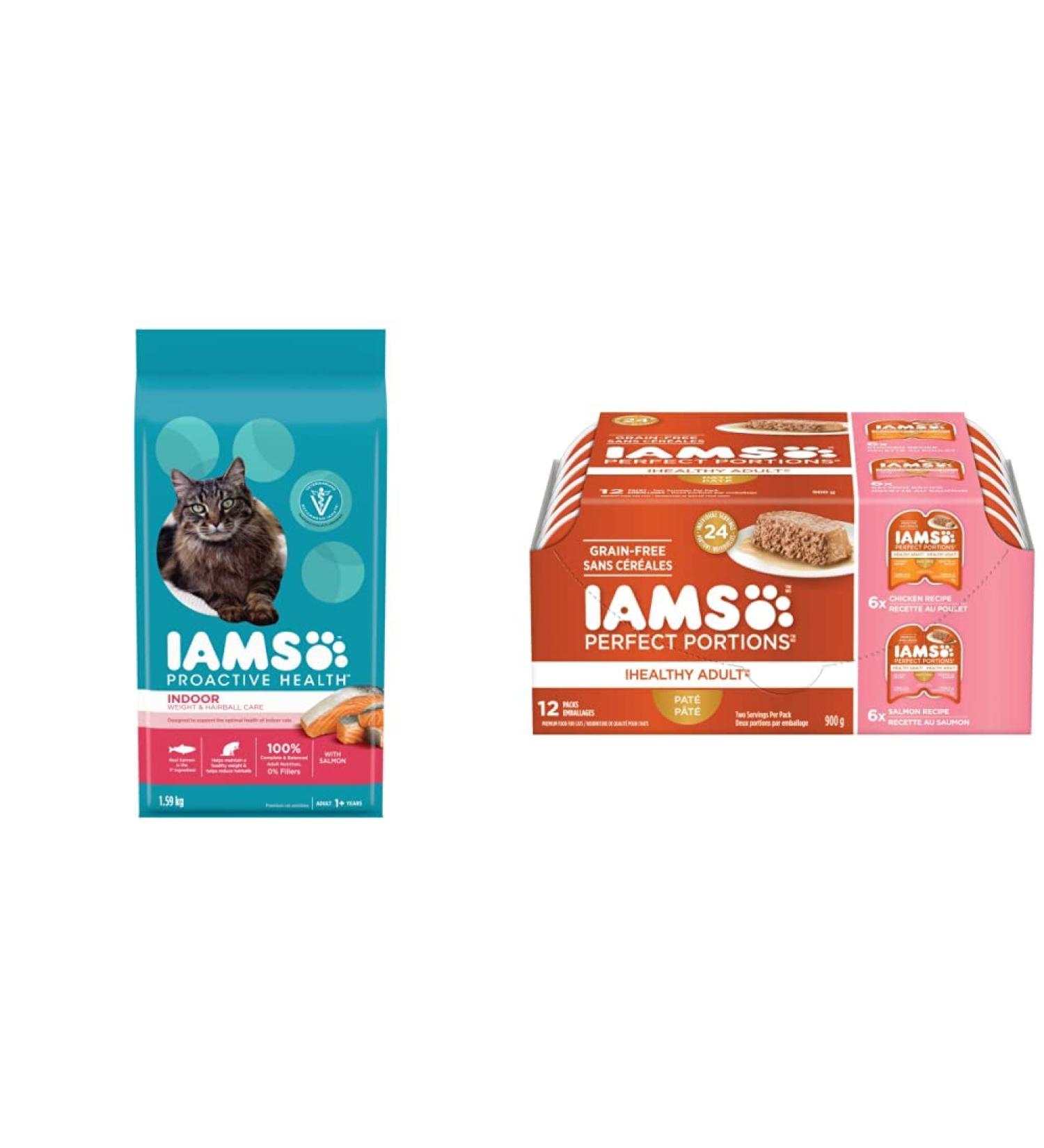 IAMS Proactive Health Dry Cat Food Adult Indoor Weight & Hairball Care + IAMS Perfect Portions Healthy Wet Cat Food Adult Grain Free Pat 1.59 kg (Pack of 1) Cat Food + Cat Food 75g - Buy Online on GoSupps.com