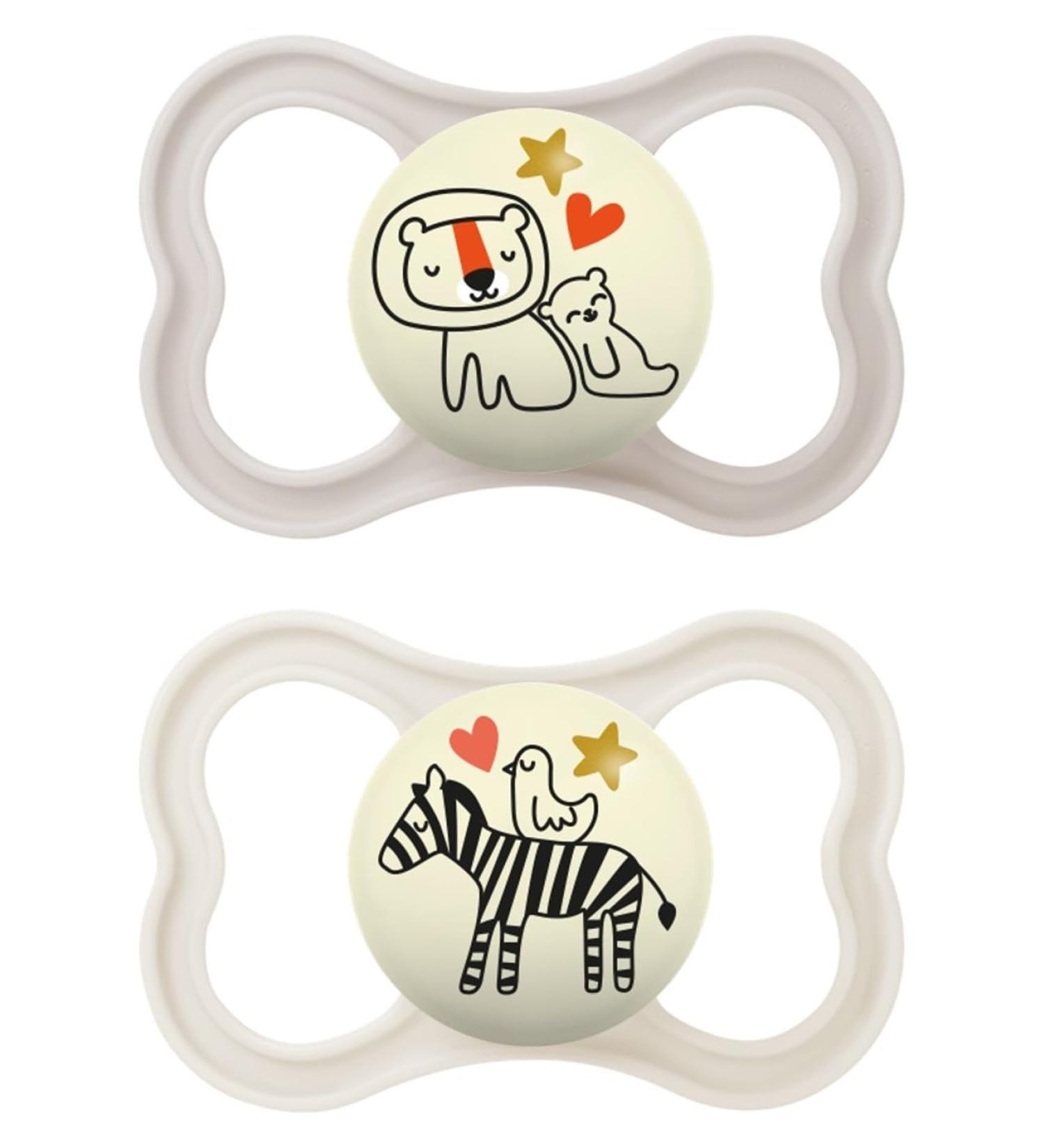 MAM Pacifier with Ventilated Shield - Glow in the Dark Silicone 16+ Months Self-Sterilizing Box Extra Thin & Flexible - Neutral Matt Pack of 2 - Buy Online on GoSupps.com