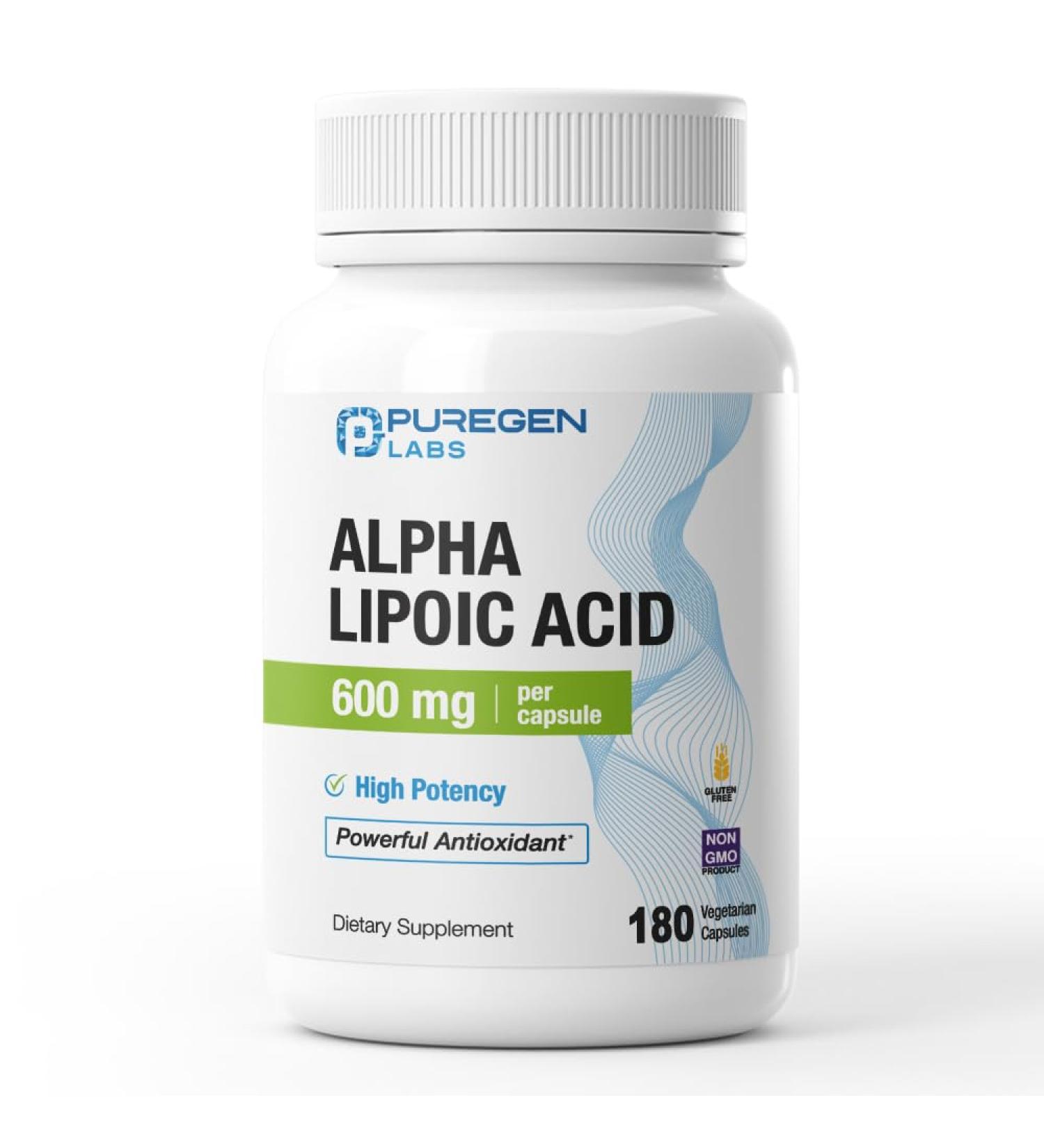Puregen Labs Alpha Lipoic Acid 600mg High Potency 180 Servings - Antioxidant Support | No Harmful Additives | Non-GMO NO Gluten and Dairy 600 mg per Veggie Capsule - Buy Online on GoSupps.com