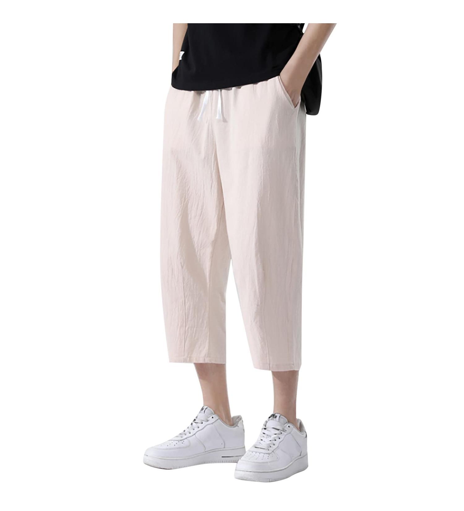 Buy CEWIFO Monochrome Cotton-Linen Jogging Pants for Men - Lightweight Rainproof Calf-Length Bike Trousers - A3-Khaki XL - International Shipping Available - Buy Online on GoSupps.com