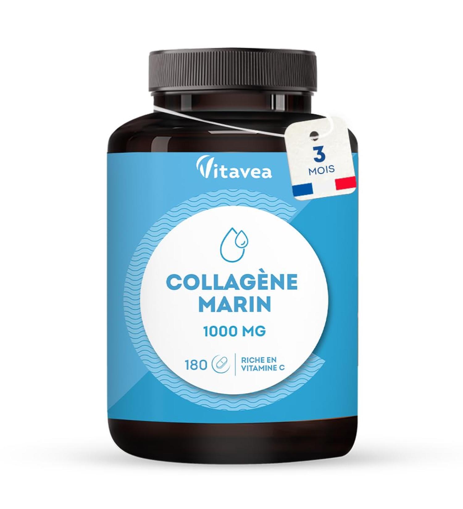 Marine Collagen Type 1&3 1000mg | Low molecular weight high absorption | Hydrolyzed Marine Peptides | With Vitamin C | Skin & Joints | 180 tablets 3 months | Made in France | Vitavea - Buy Online on GoSupps.com